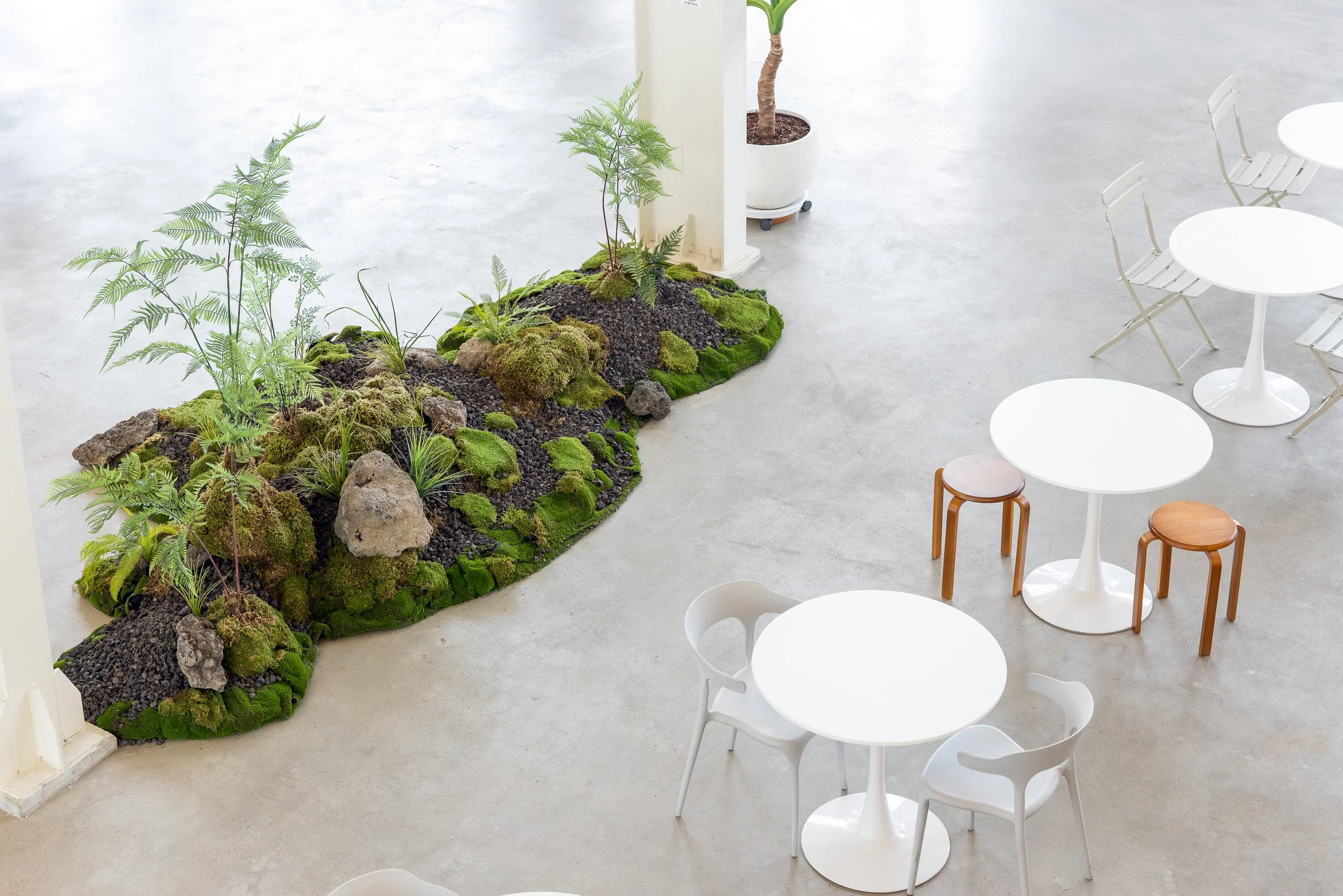 Indoor space with white round tables, wooden and white chairs, and a decorative green moss and plant arrangement on the floor.