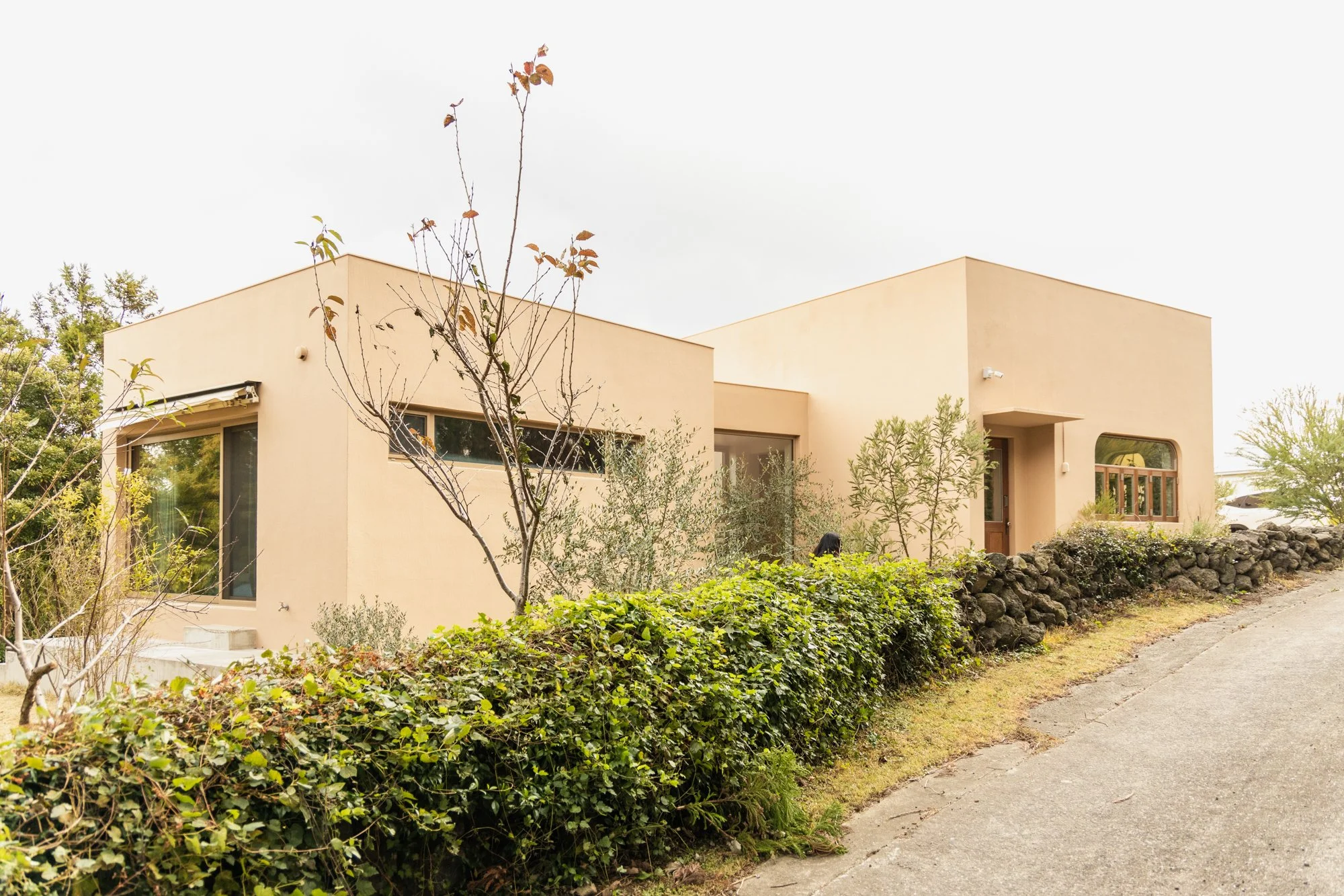Modern beige house with landscaping, trees, bushes, and stone wall, under cloudy sky.
