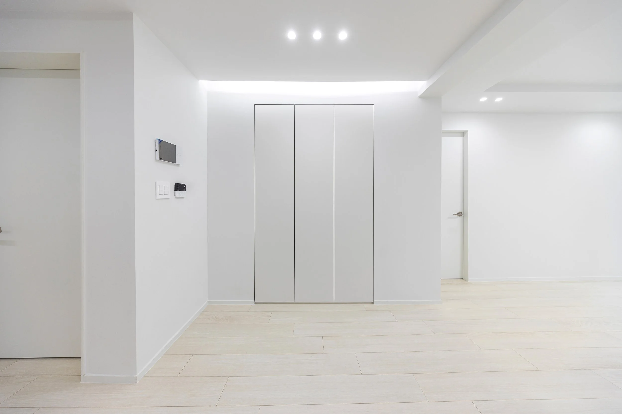 Minimalist white interior with closet, white door, and light-colored wood flooring, illuminated by ceiling lights.