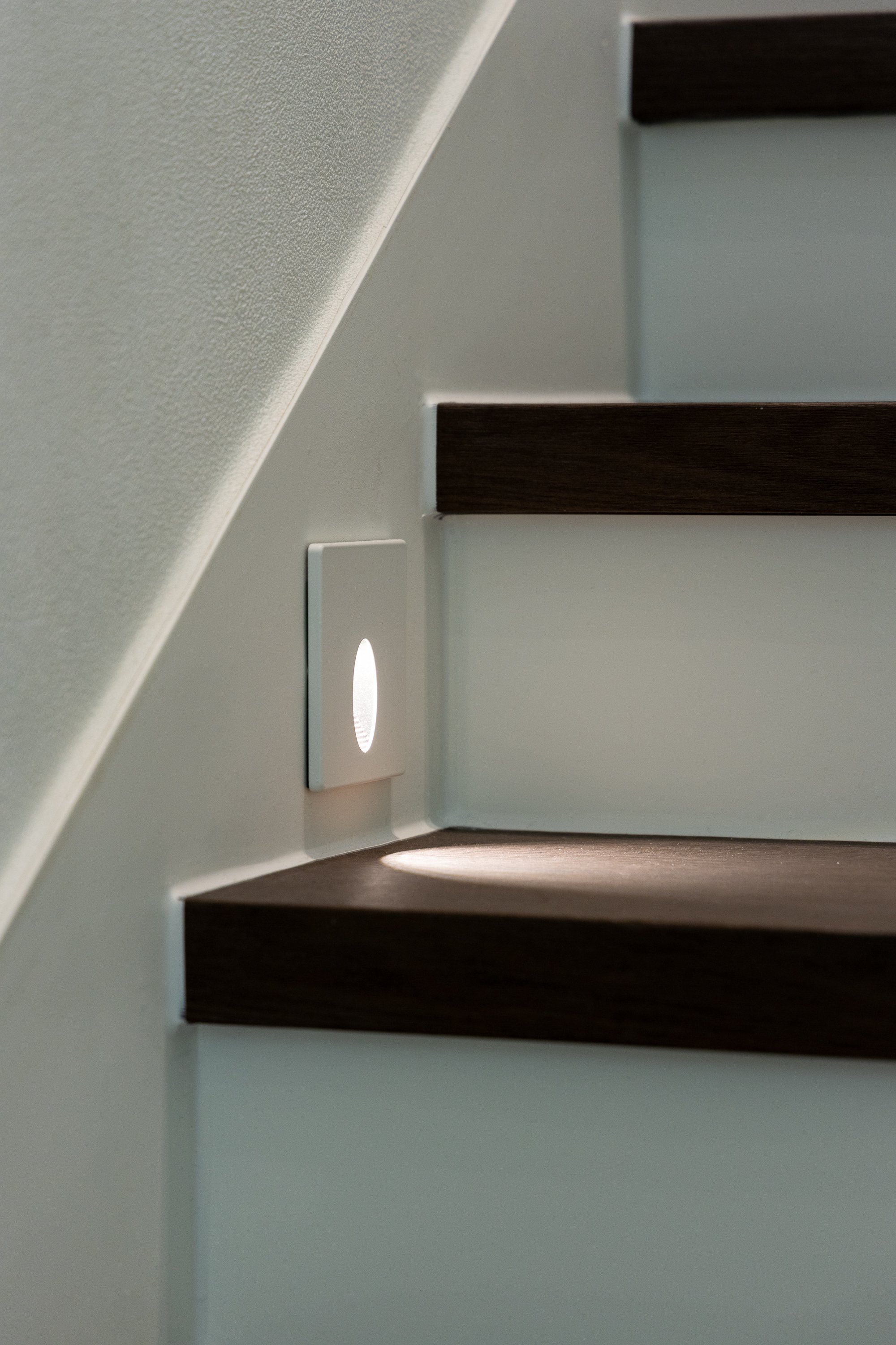 Close-up of a staircase with dark wood steps and a built-in night light in the wall.