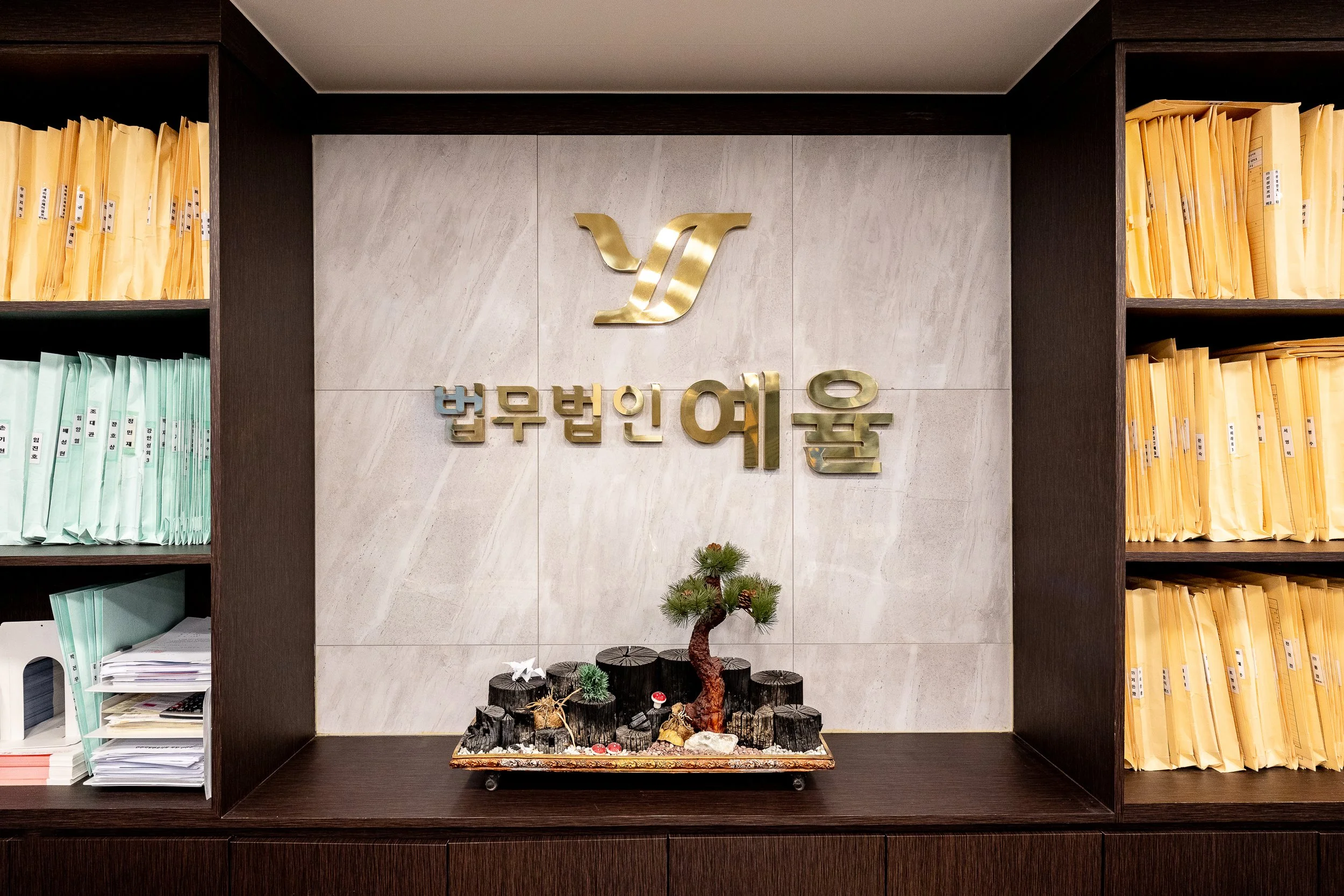 Office reception area with a sign in Korean, a decorative bonsai plant on a dark wooden shelf, and shelves filled with yellow and green files.