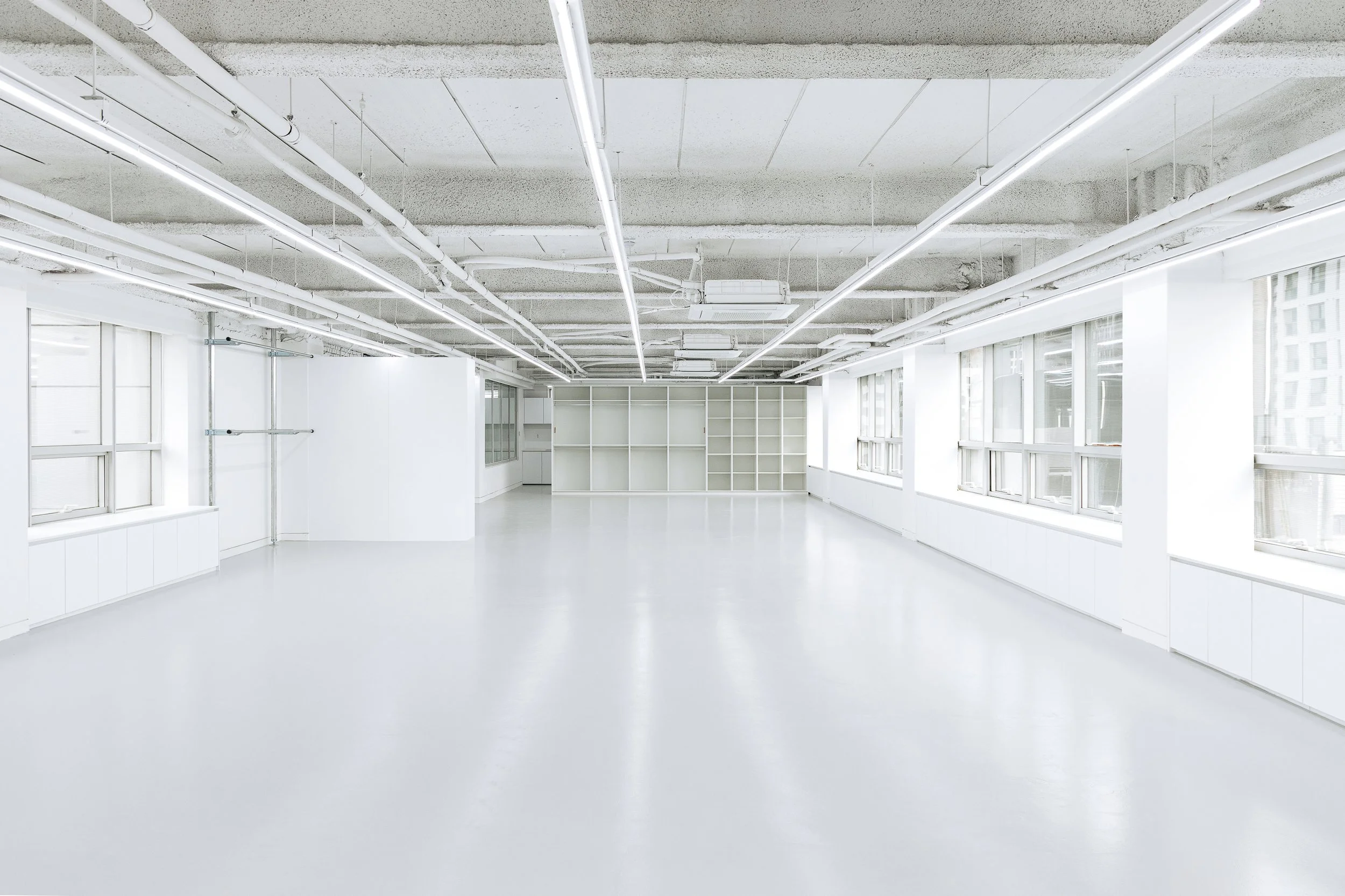 Empty, bright white room with large windows, bookshelves, and fluorescent lighting