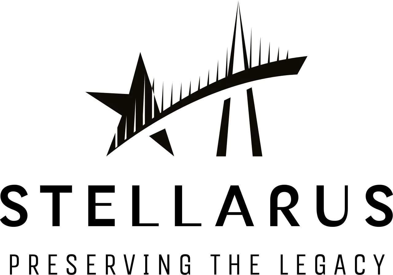 Black and white logo with a star, a stylized planet or moon, and the word "Stellarus" beneath it, with the tagline "Preserving the Legacy."
