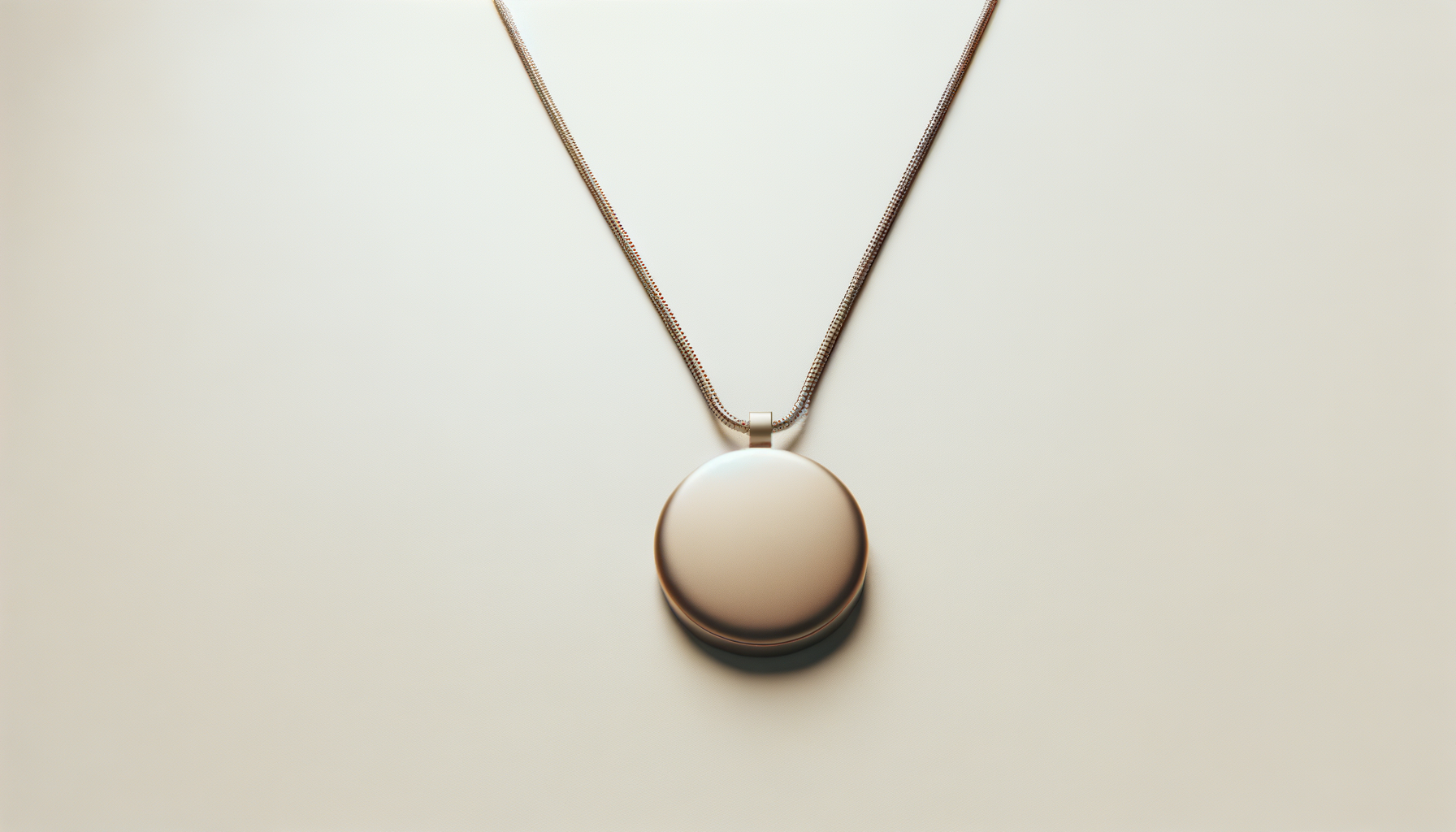 A silver necklace with a large, round, smooth, metallic pendant resting on a plain white surface.