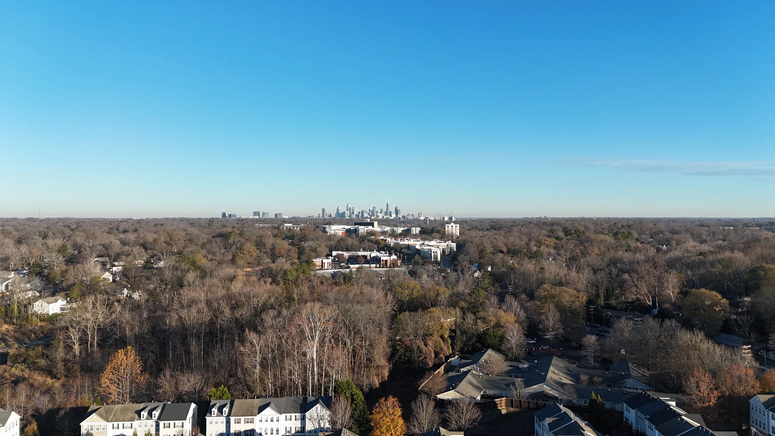 A wide aerial view of a city skyline in the distance, with a foreground of suburban houses and leafless trees, under a clear blue sky.