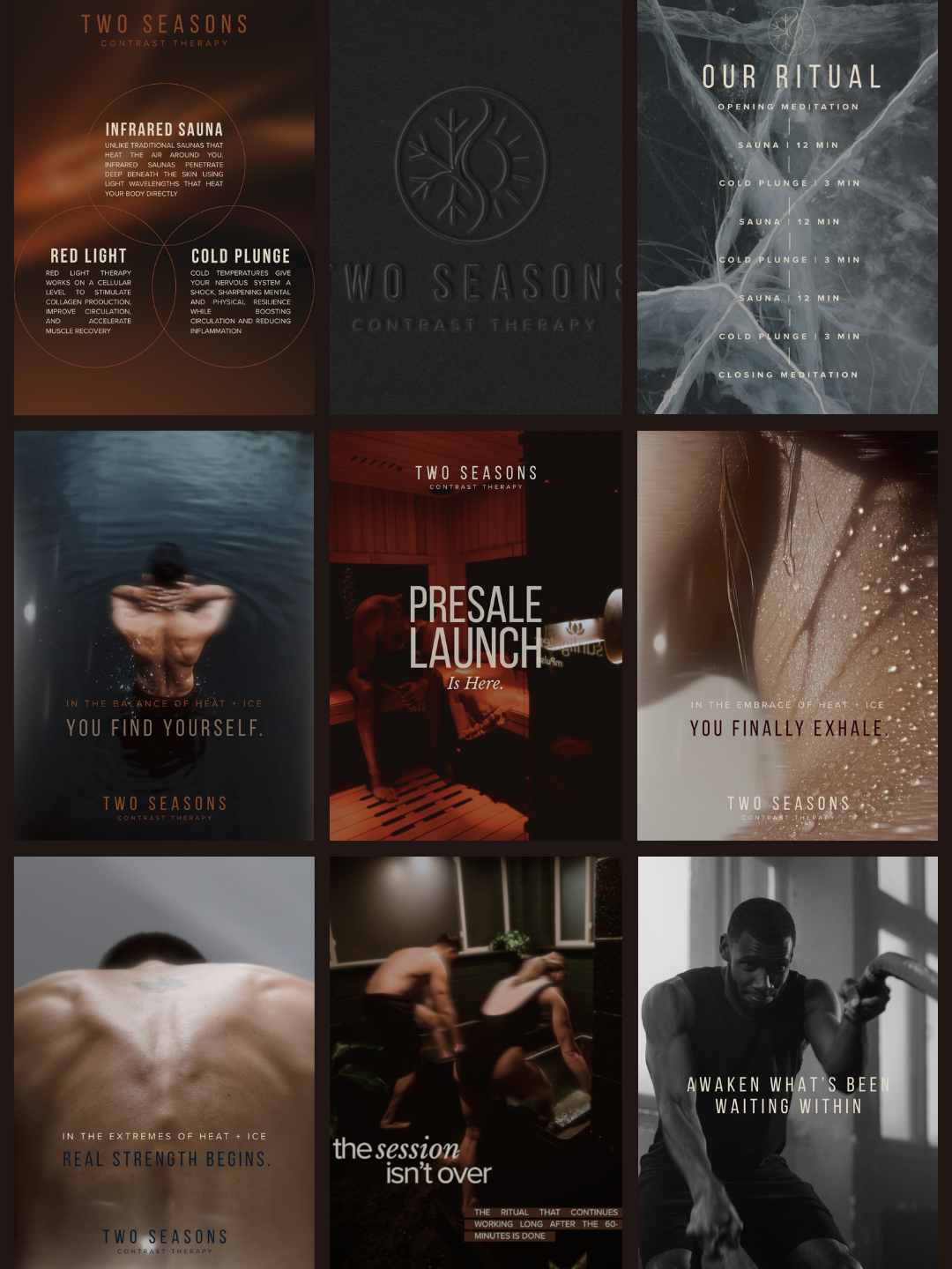 Collage of promotional images for Two Seasons Contrast Therapy. Top row includes an information slide about infrared sauna, contrast therapy, and the ritual schedule; middle row features images of water, sauna, and ice with motivational text; bottom row shows images of people exercising, relaxing, and pushing strength with inspirational quotes.