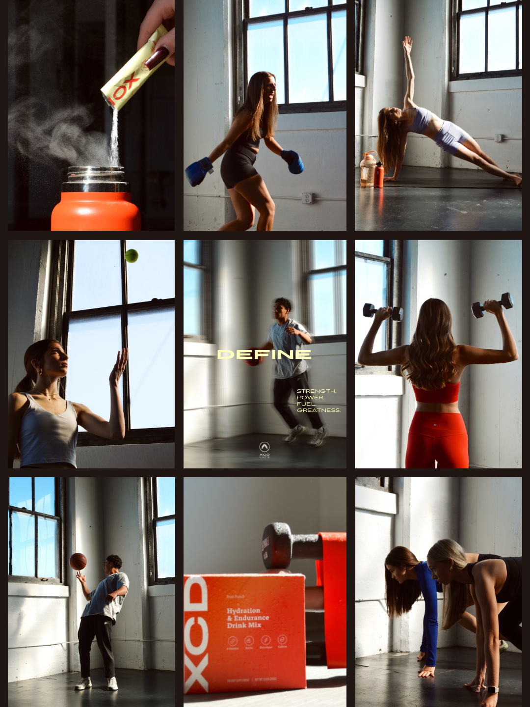 A collage of nine photos depicting various fitness and workout scenes including weightlifting, aerobic exercises, stretching, and basketball playing, with focus on gym environment and fitness equipment.