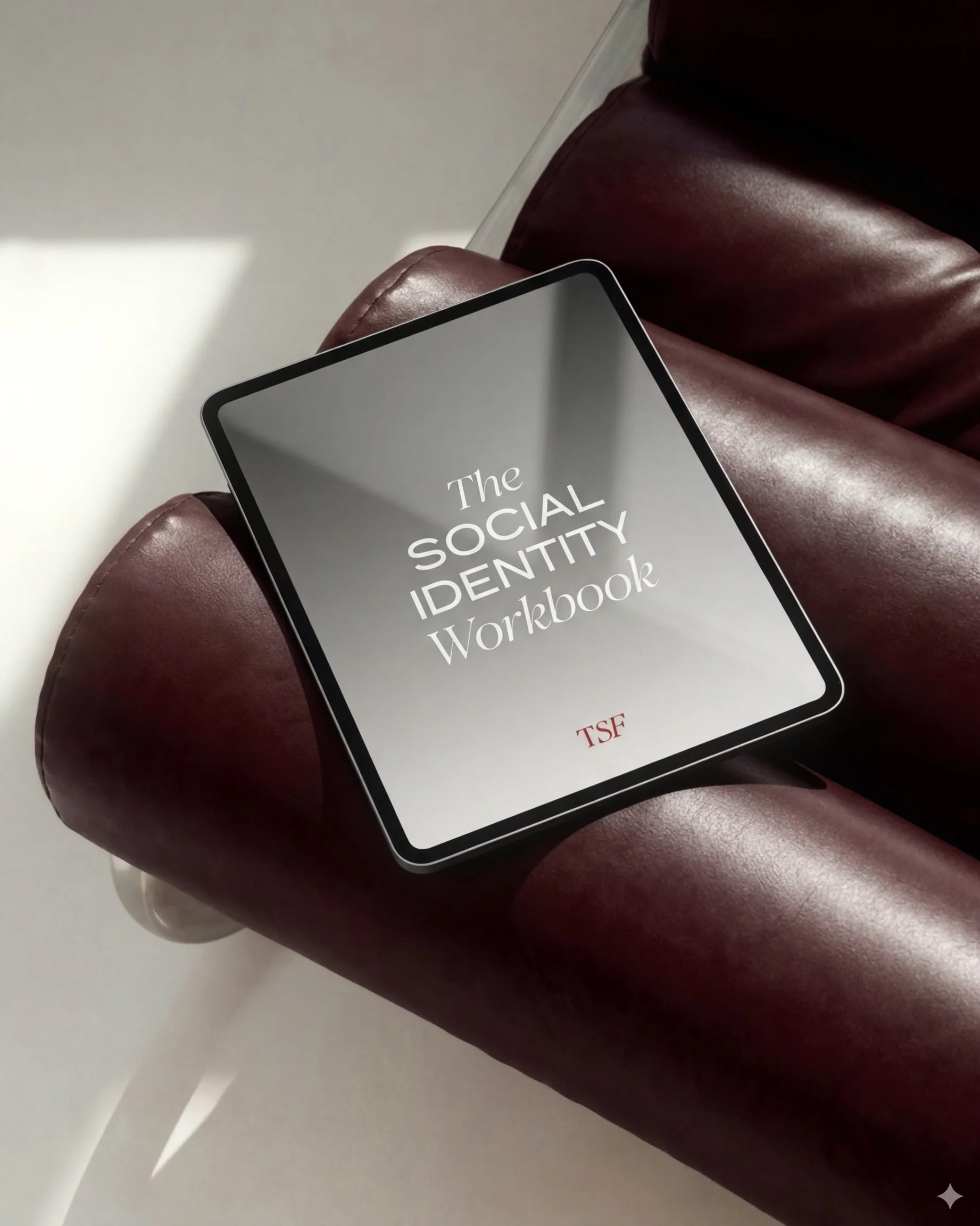 An e-book titled "The Social Identity Workbook" resting on a maroon leather armchair.