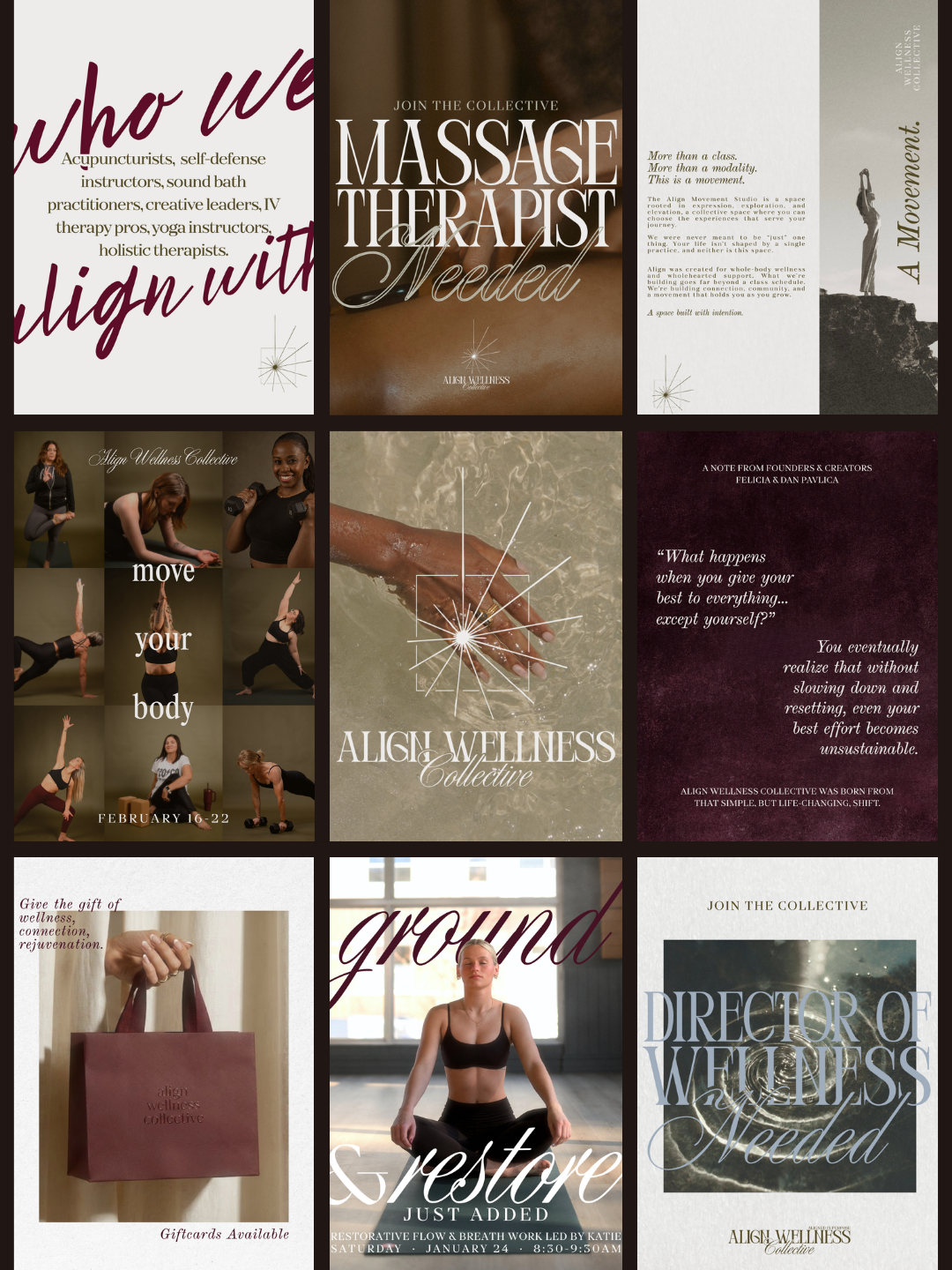 A collage of nine promotional images and posters for Ally Wellness Collective, highlighting wellness activities such as massage therapy, yoga, fitness, and holistic health services.
