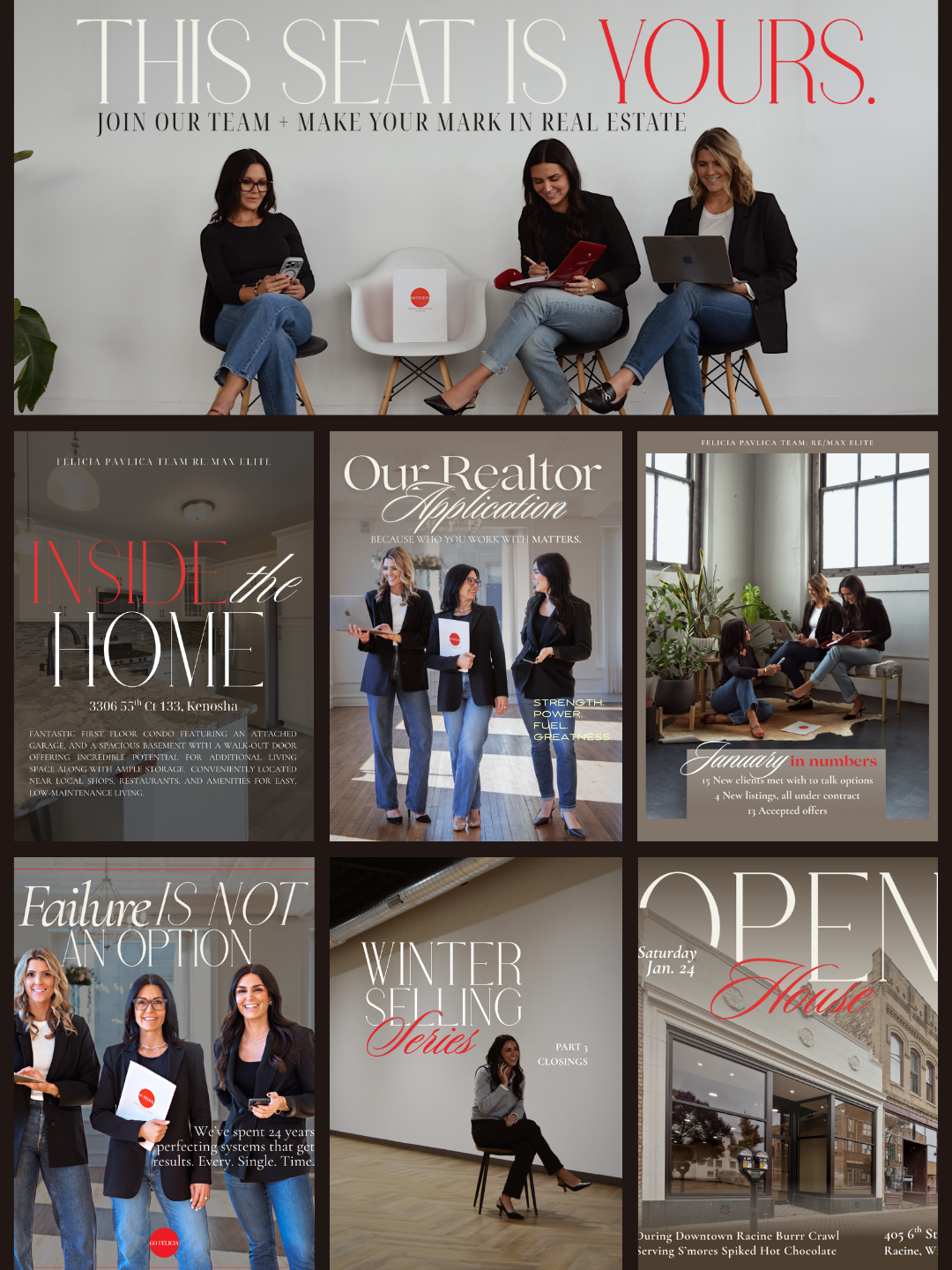 A collage of images related to real estate and homes, including women working together, house interior, and a storefront.