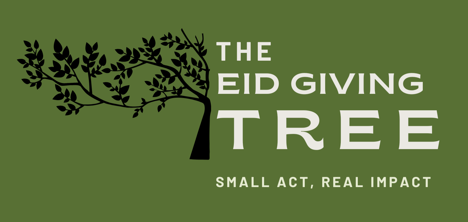 A graphic with a green background, a black tree illustration on the left, and white text reading 'The Eid Giving Tree' and 'Small Act, Real Impact'.