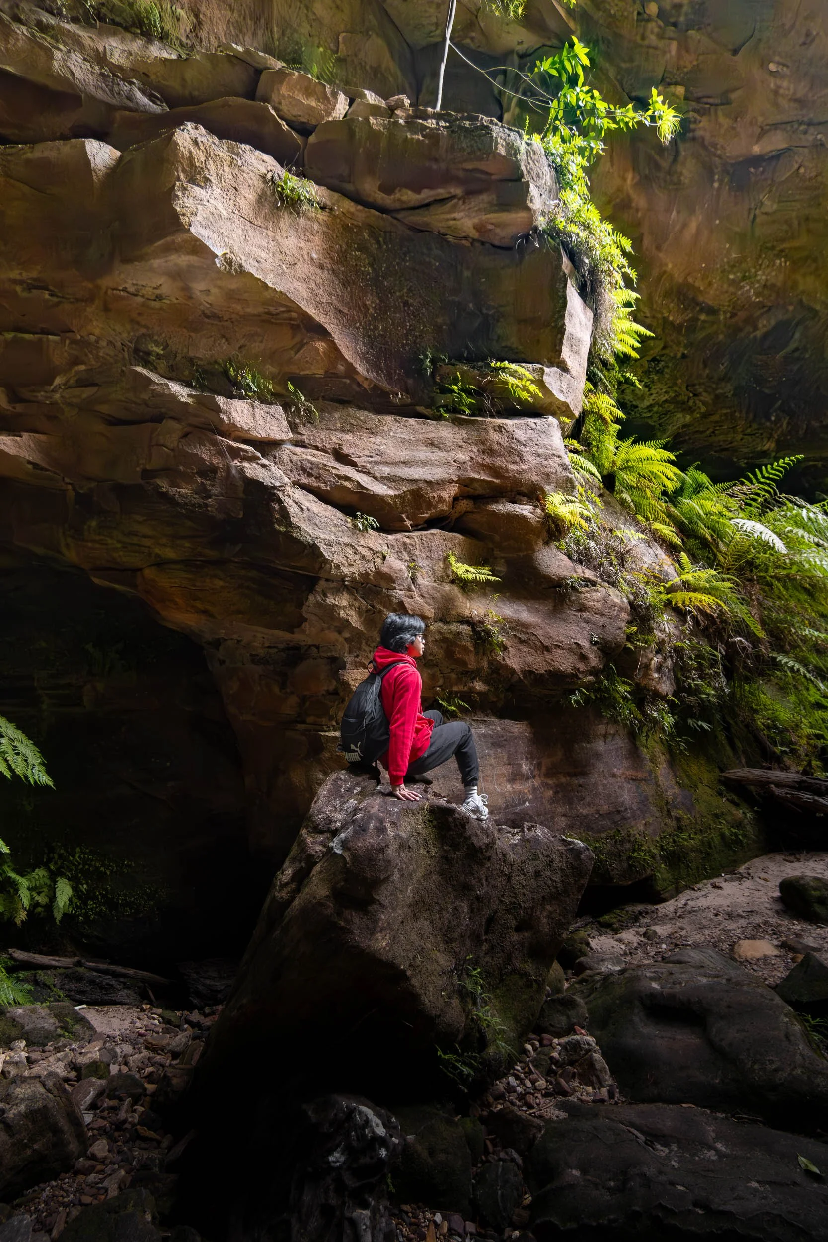 A person wearing a red jacket and black pants with a backpack is sitting on a large rock inside a cave or canyon, surrounded by rocky walls and green ferns.