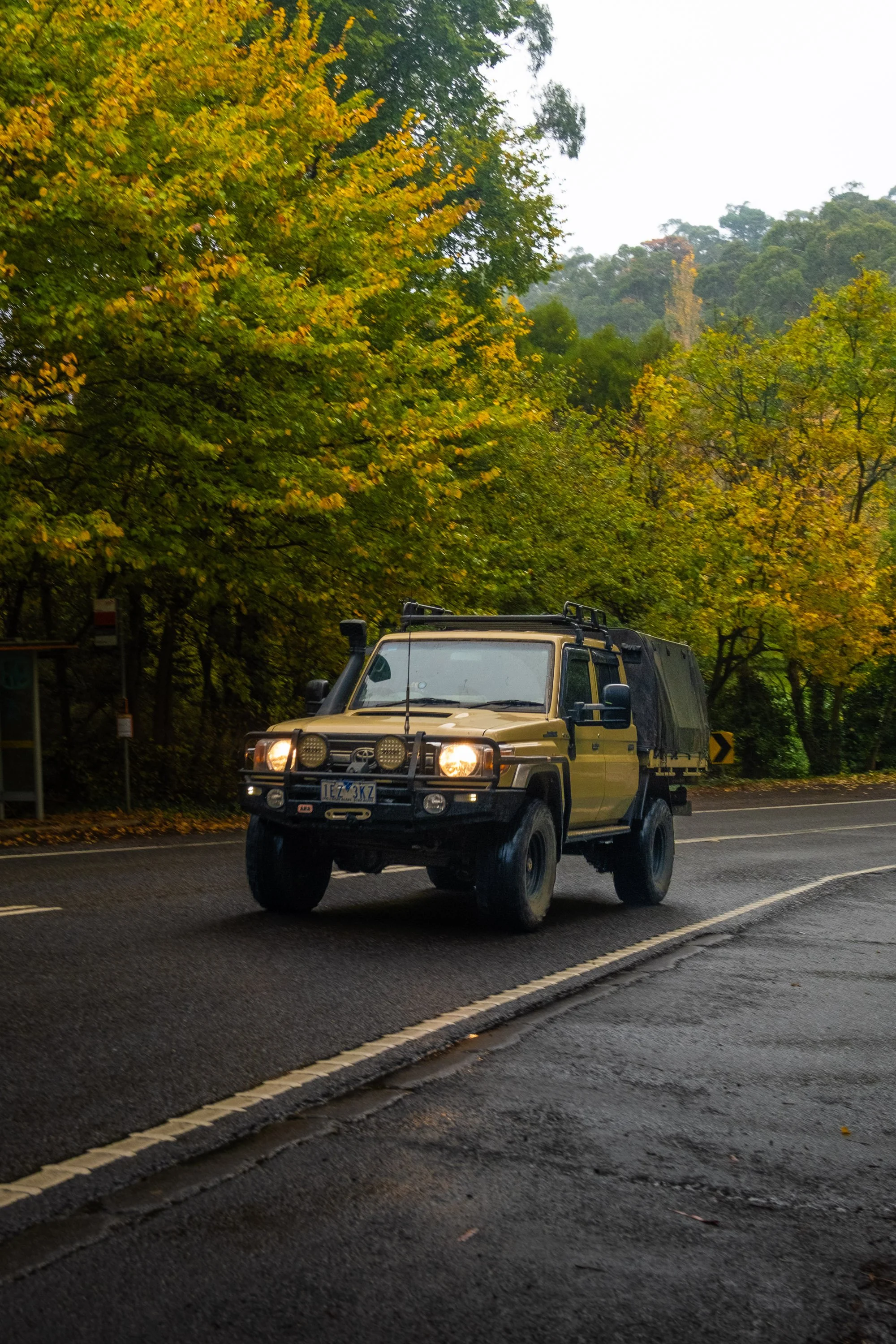 A beige off-road vehicle driving on a wet road surrounded by trees with green and yellow leaves.