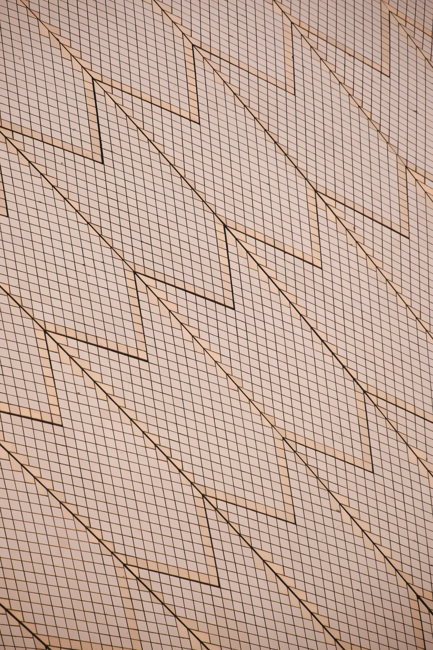 Close-up view of an architectural detail featuring a pattern of small, peach-colored tiles arranged in a feather-like pattern with black grout lines.