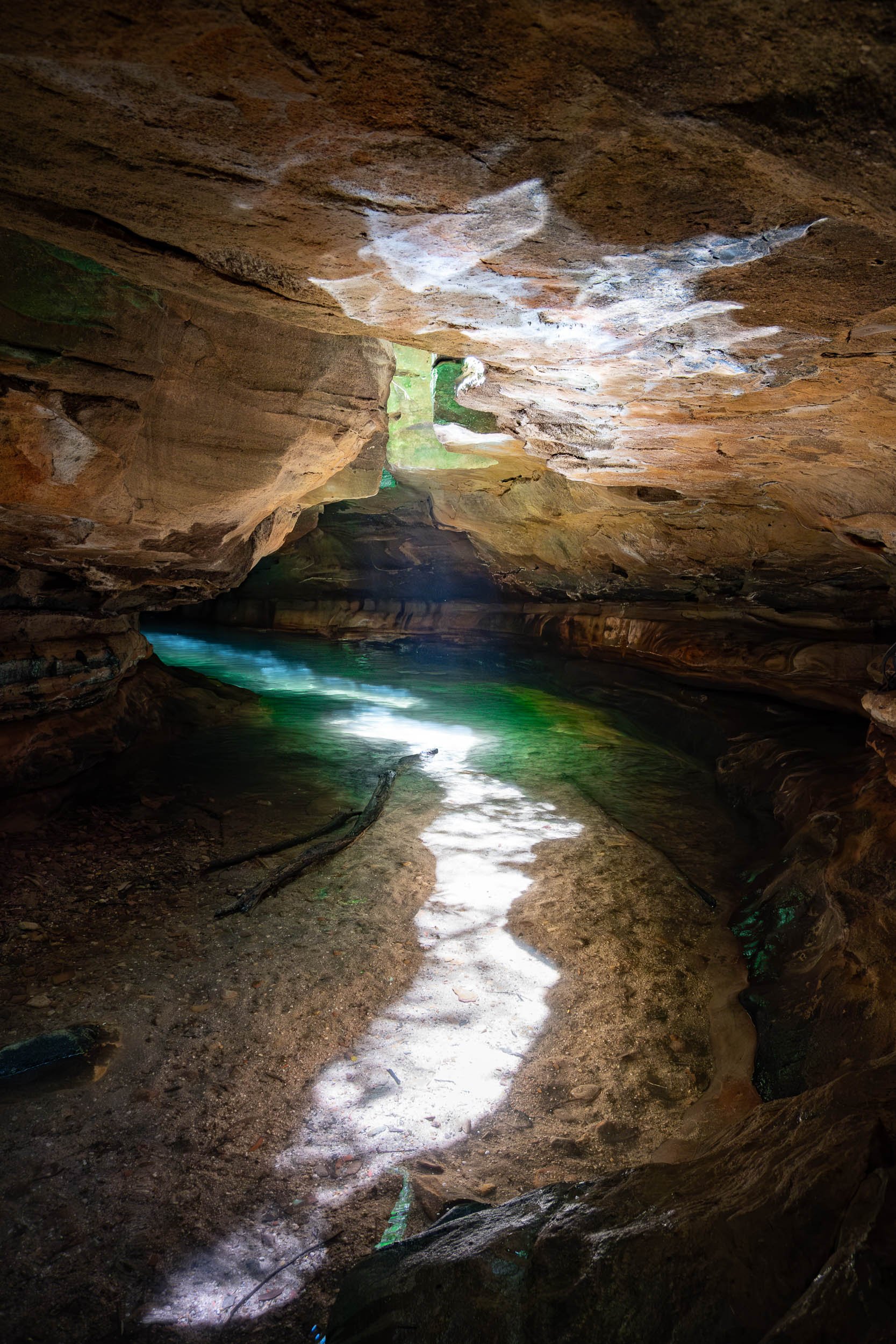 A narrow canyon with a small creek flowing through it, sunlight illuminating the water and rocky walls.