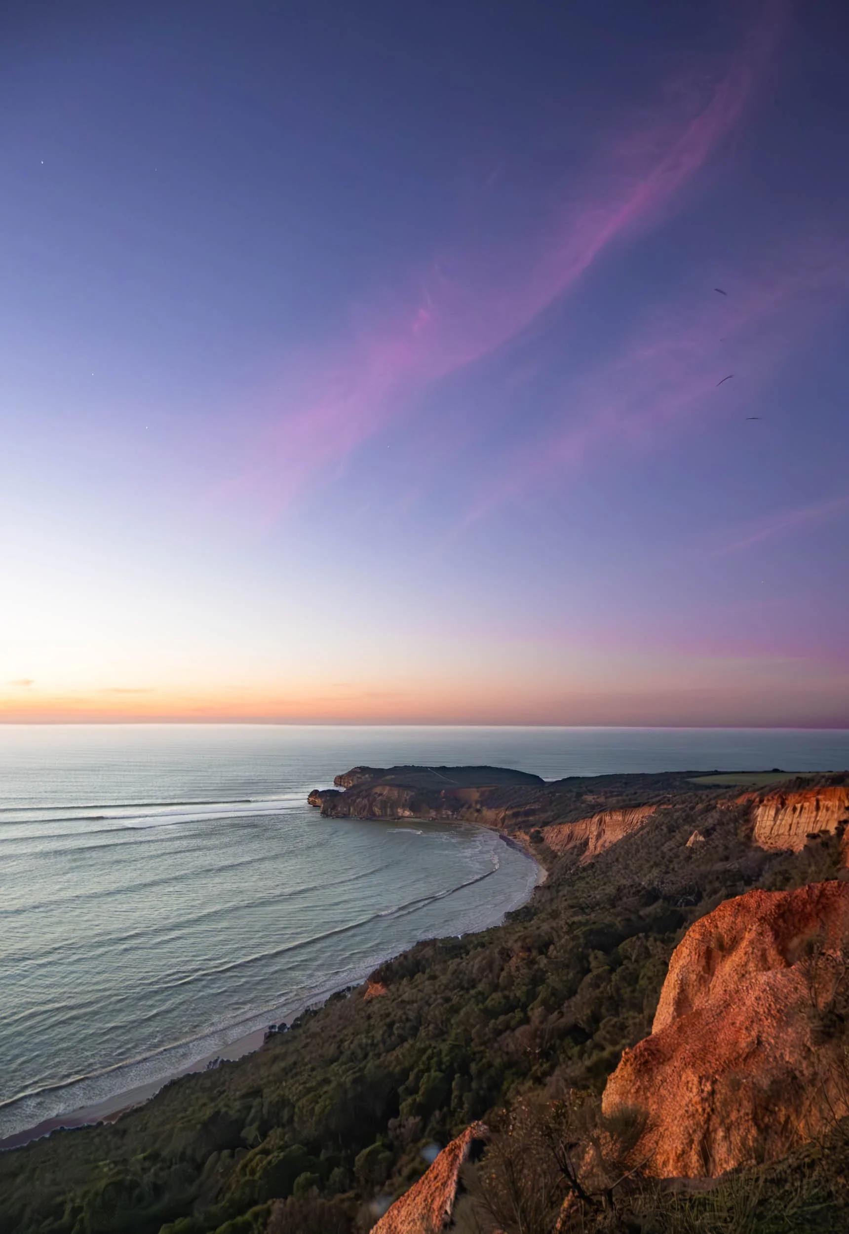 A scenic view of the coastline at sunset with cliffs, green vegetation, and the ocean under a sky with pink and purple clouds.