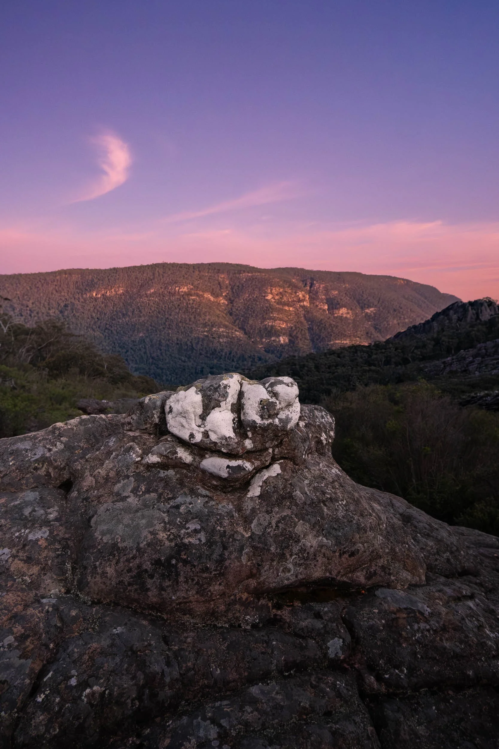 A large rock with white and gray patches in the foreground, overlooking a mountain range under a pink and purple sky at dusk.