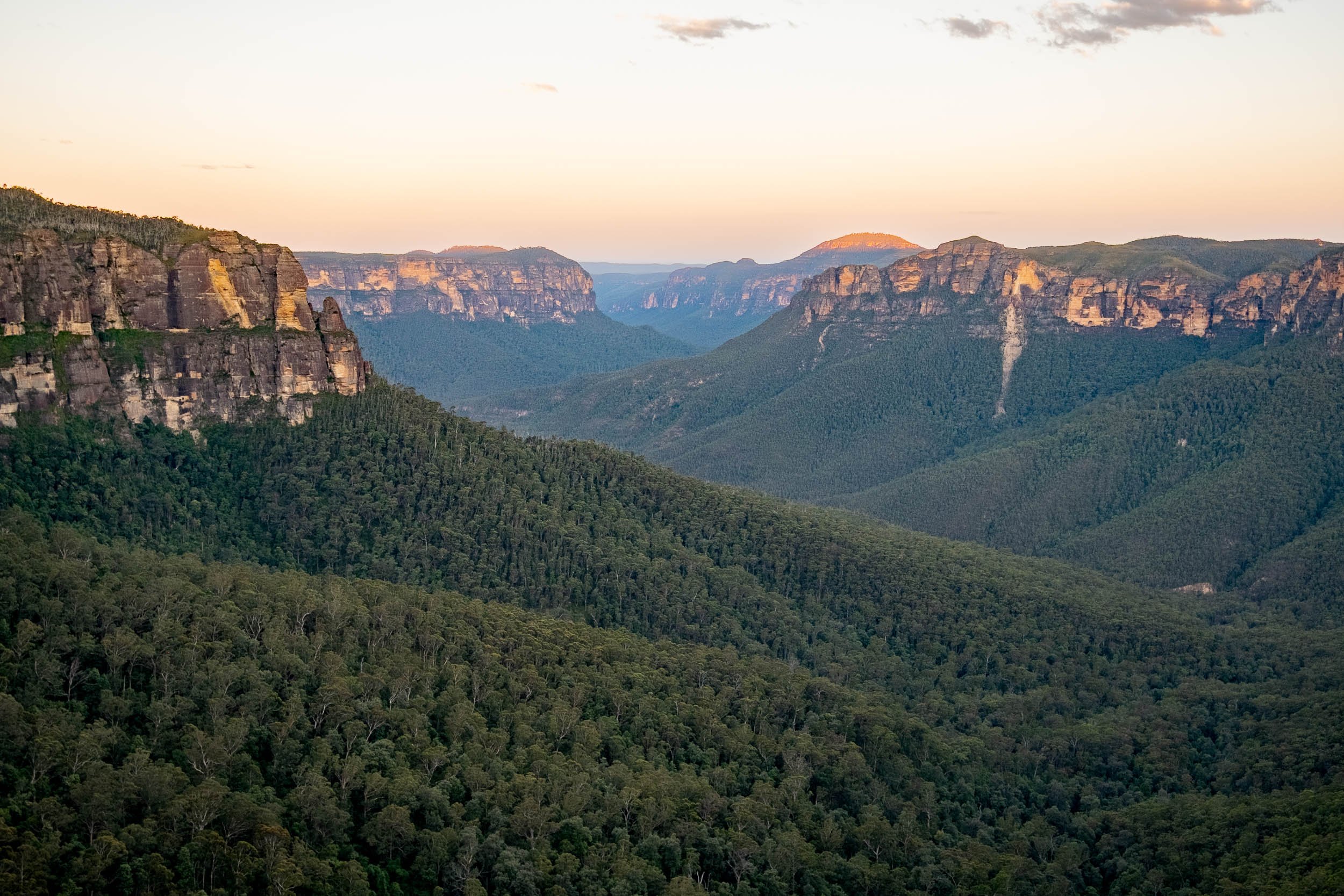 Sunset over green forested mountains and rocky cliffs in a canyon, with a light pink sky.