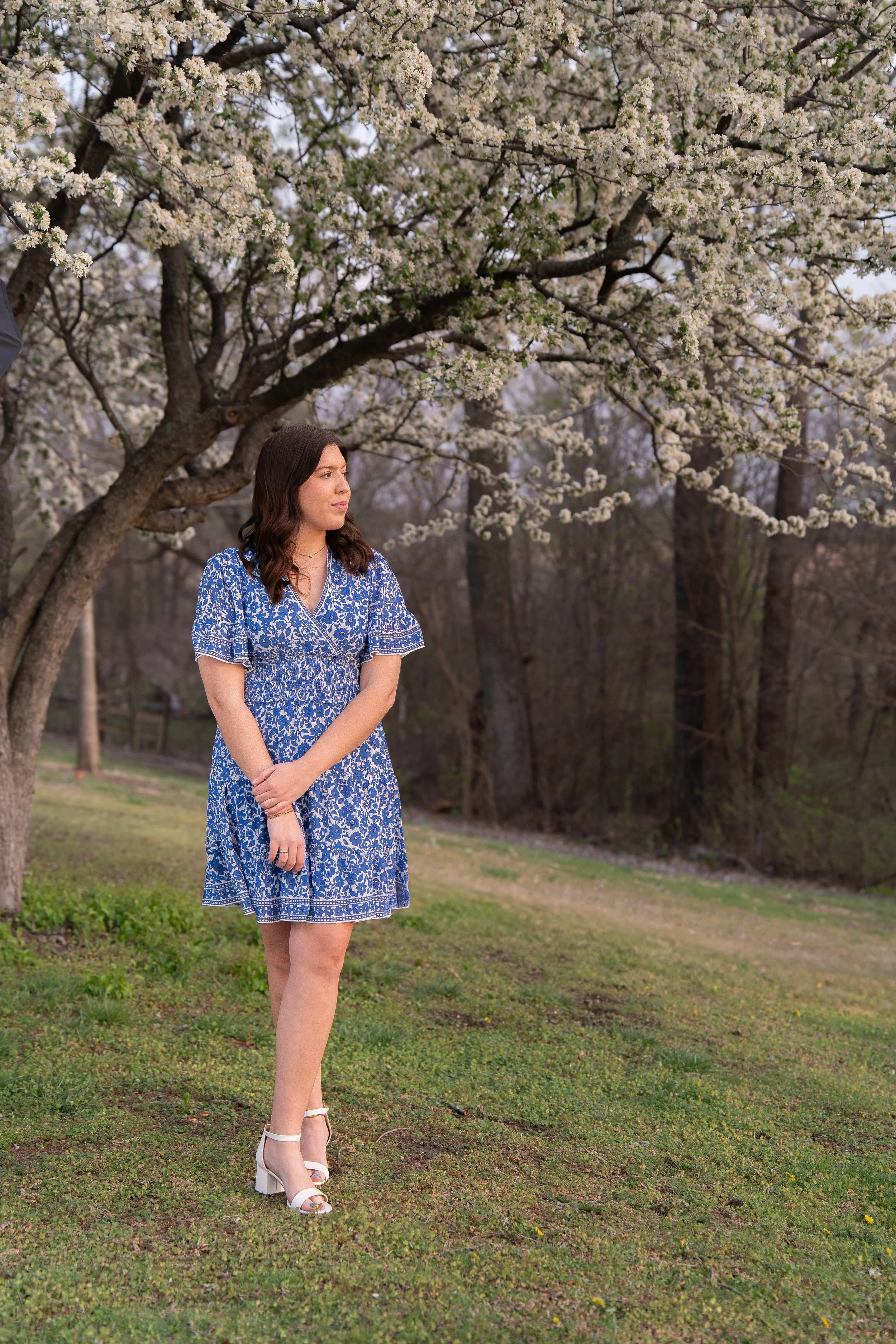 A woman with dark brown hair wearing a blue and white patterned dress and white high heels standing under a flowering tree with white blossoms in a park or forest setting.