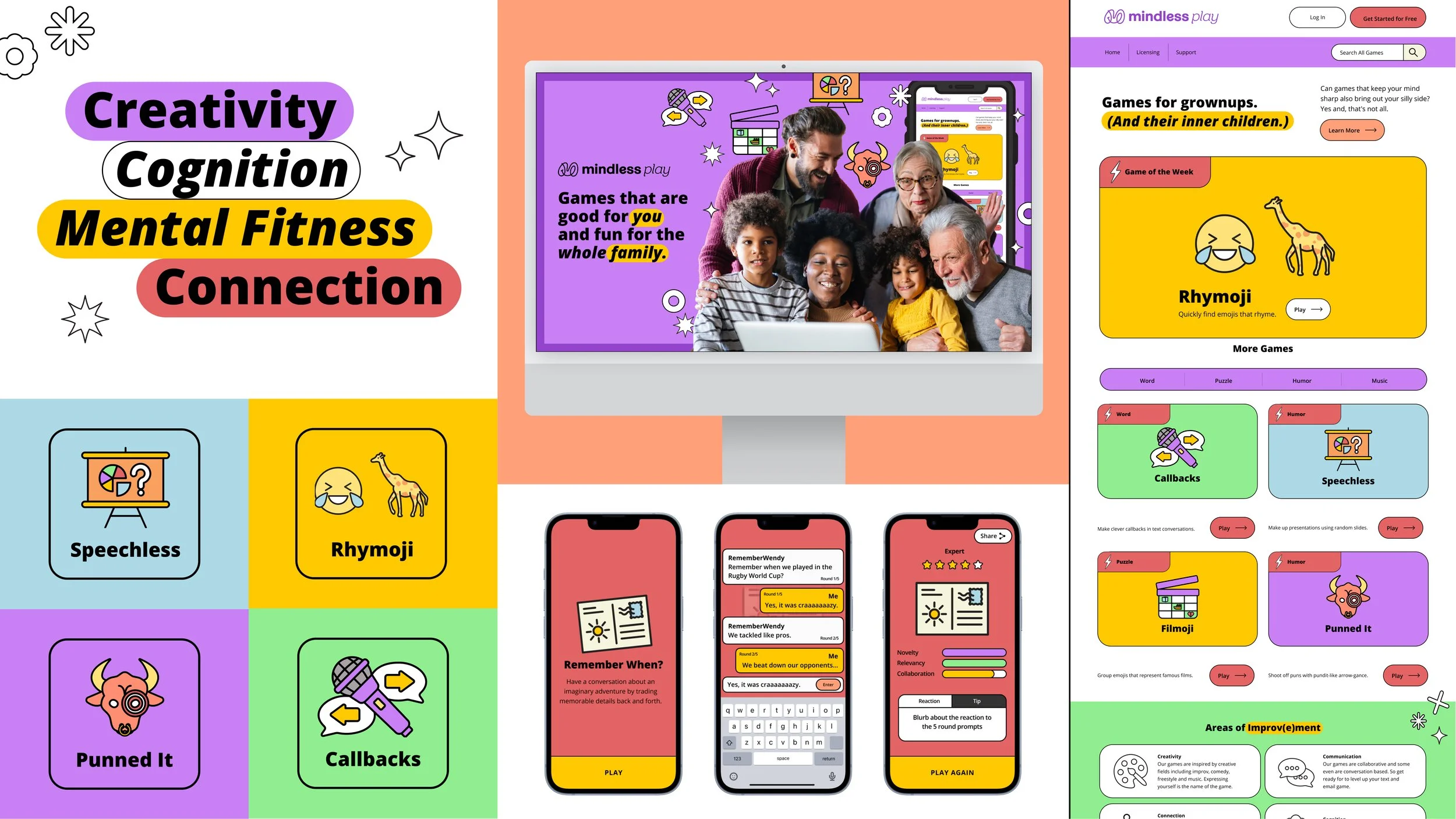 Mindless Play brand identity showcasing a playful, accessible visual system designed for mental fitness and connection.