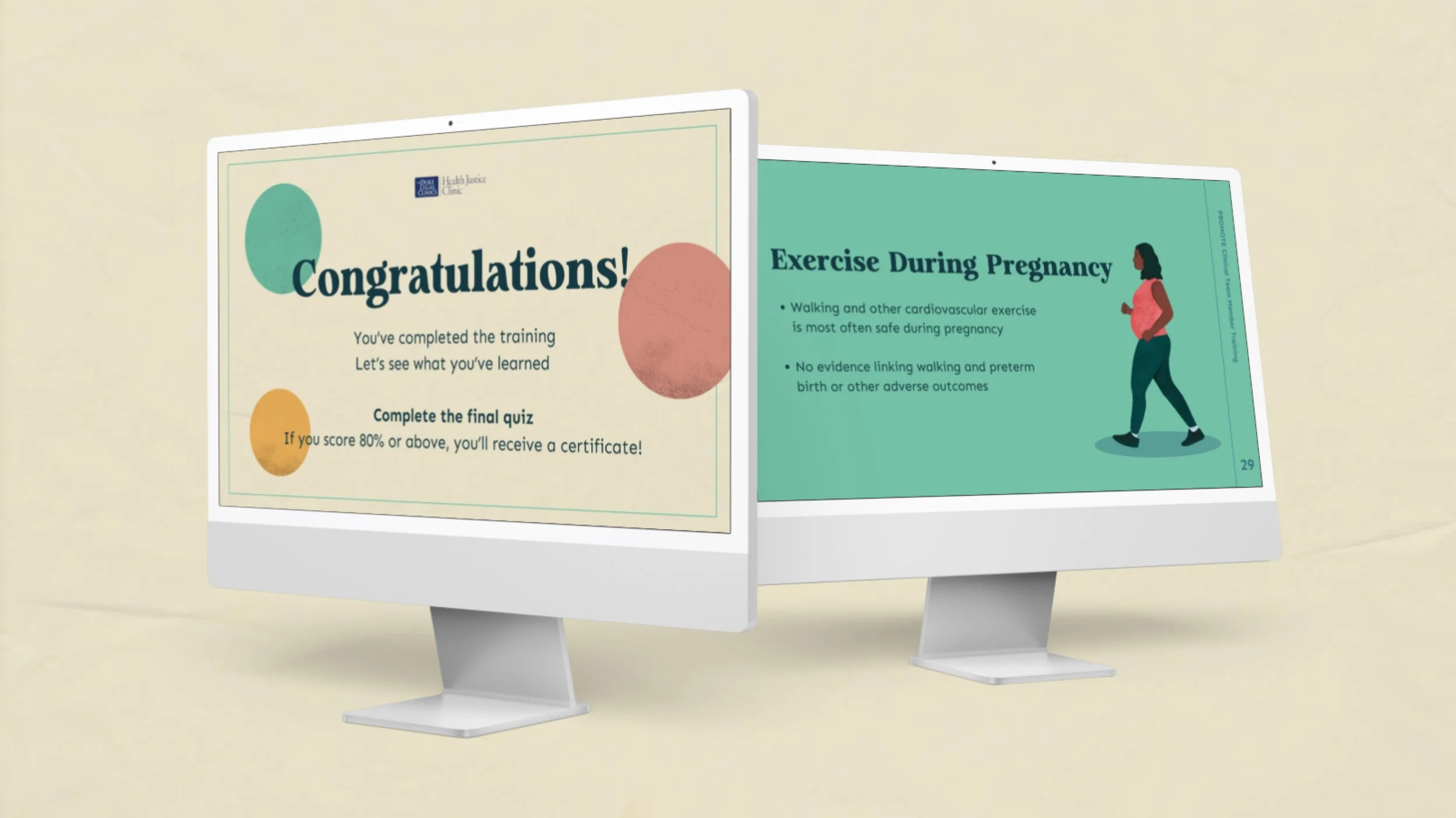 Desktop screens showing the completion and quiz portion of a clinician employment law training, including certification upon completion.