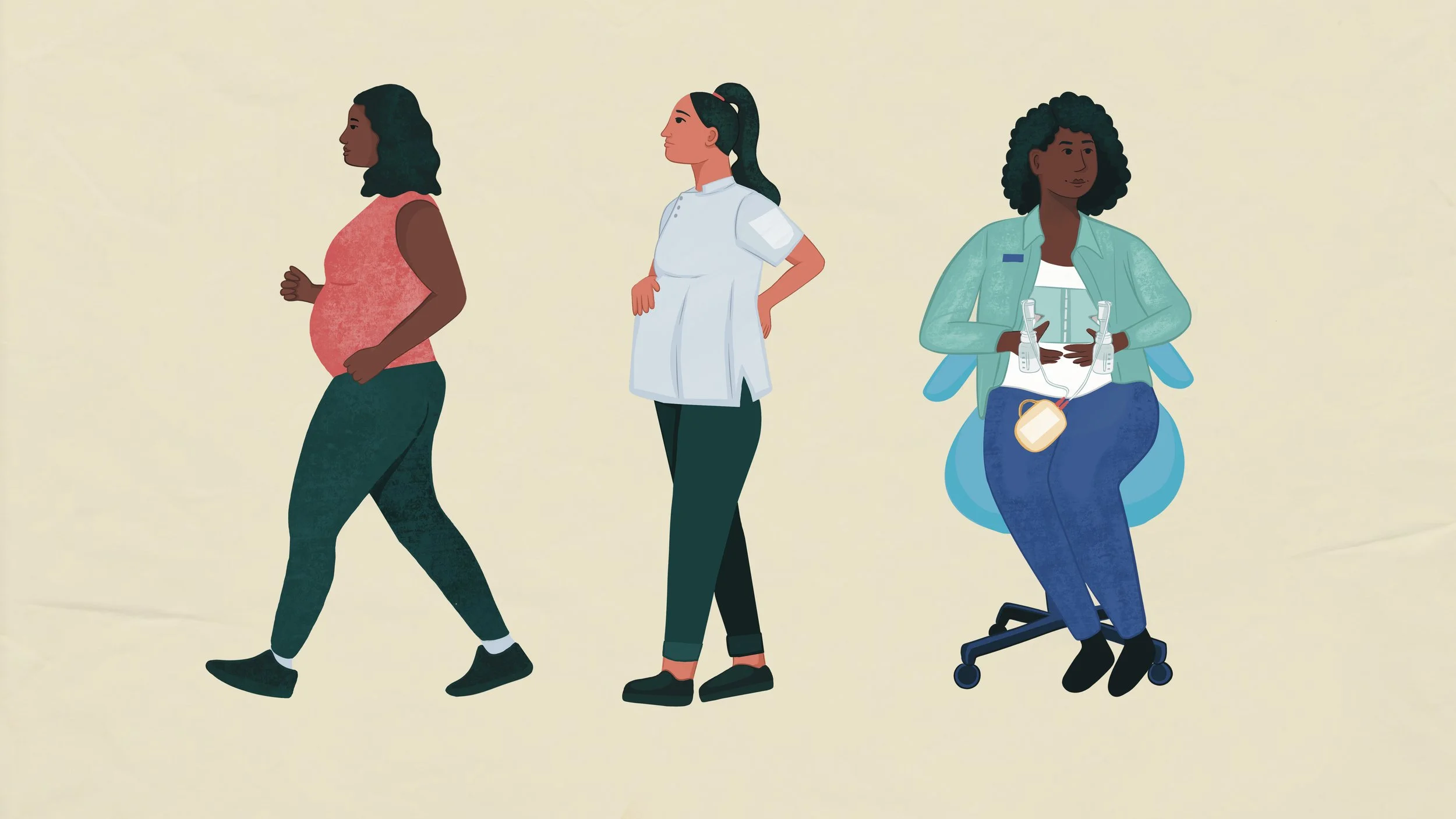 Illustrated figures showing different stages of pregnancy and postpartum recovery, highlighting physical considerations related to work and accommodations.