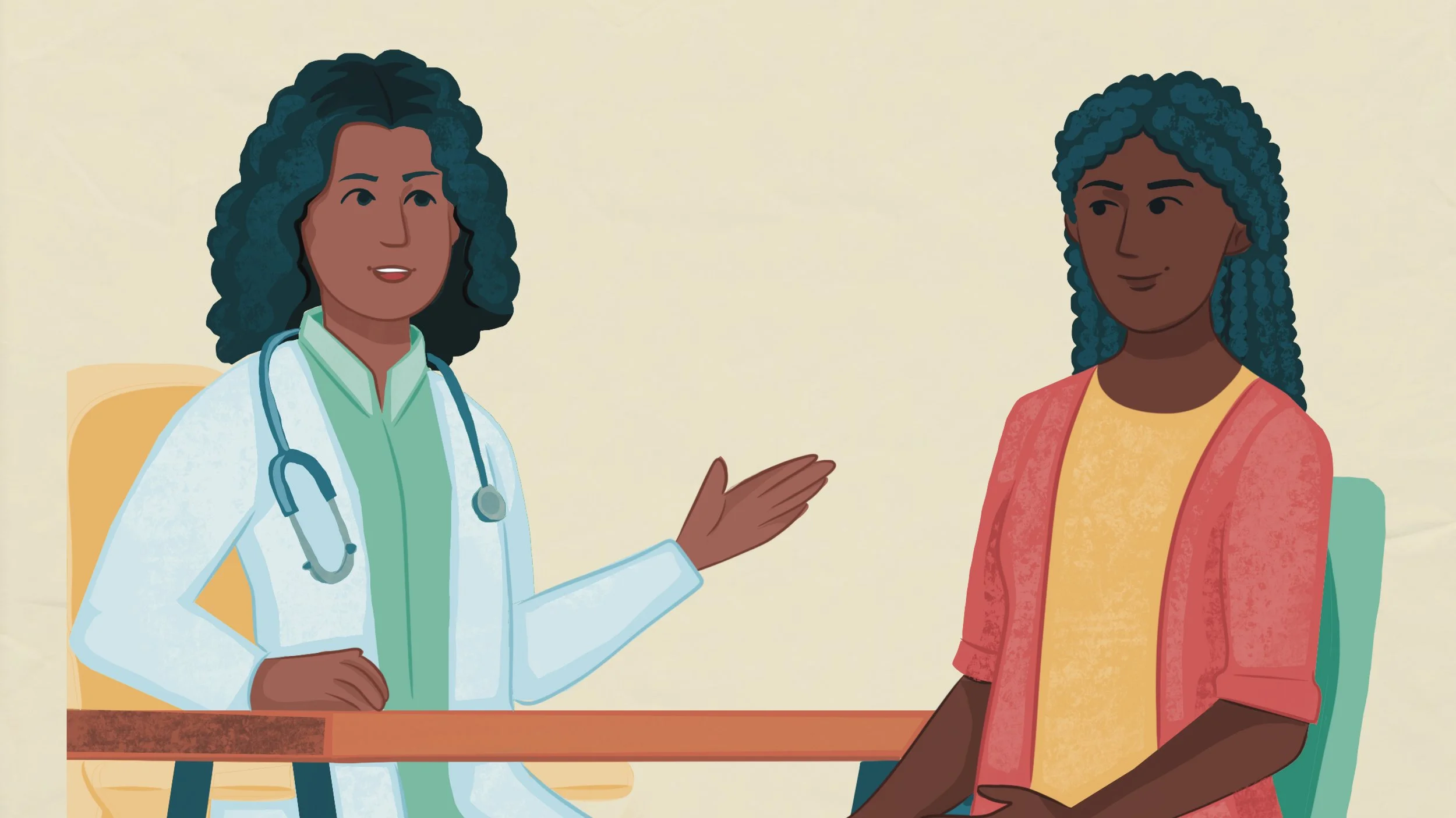 Illustration of a clinician speaking with a pregnant patient, representing supportive conversations about work, health, and pregnancy.