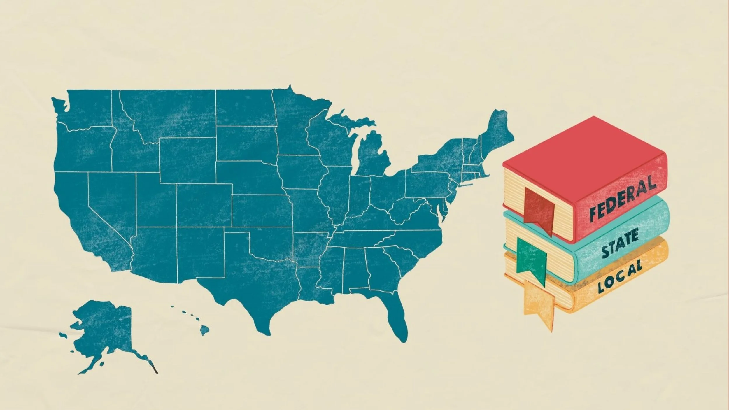 Illustration of the United States map alongside stacked federal, state, and local law books, representing employment law protections across jurisdictions.
