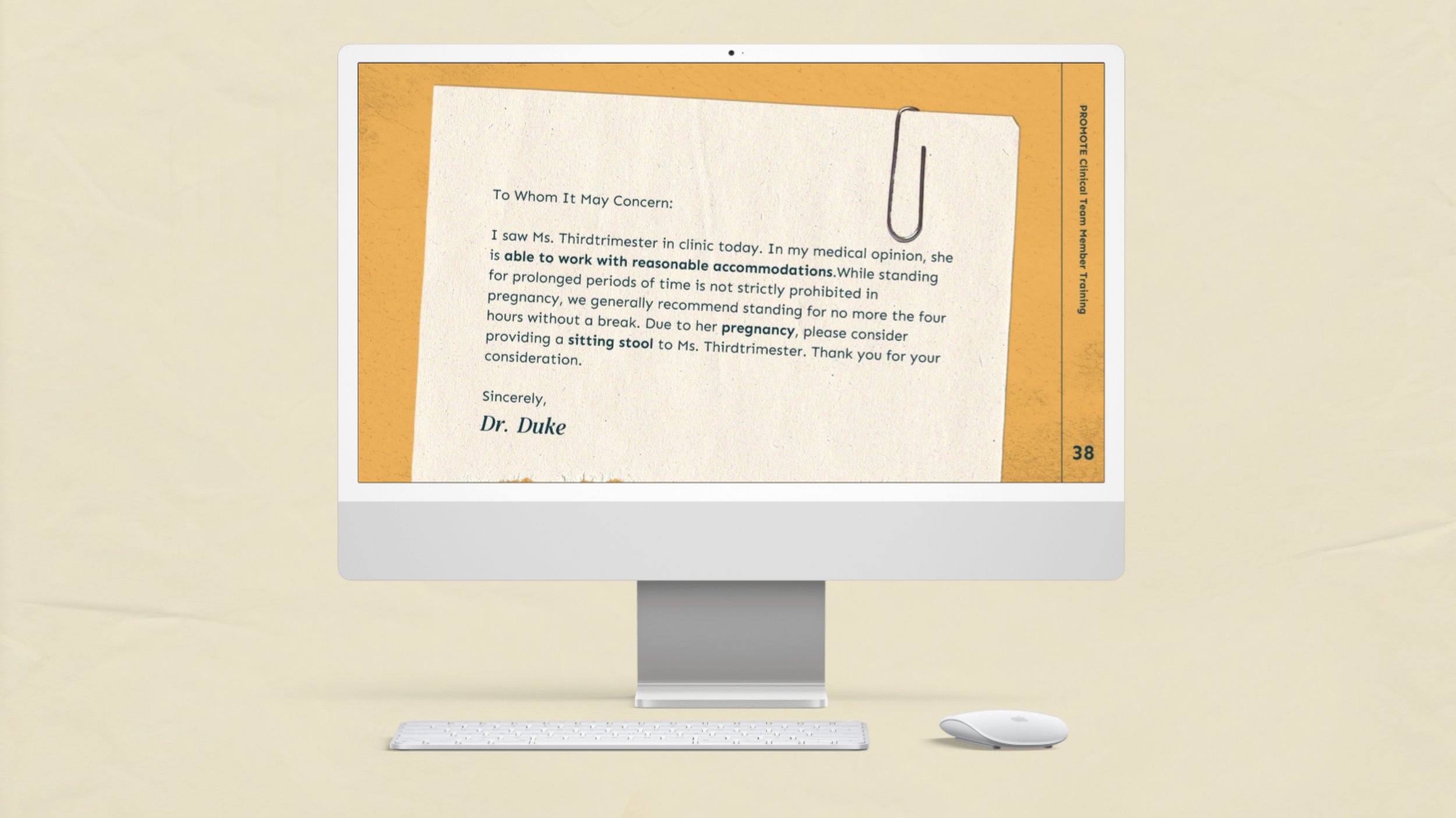 Desktop mockup showing an example clinical work note that supports reasonable workplace accommodations during pregnancy.