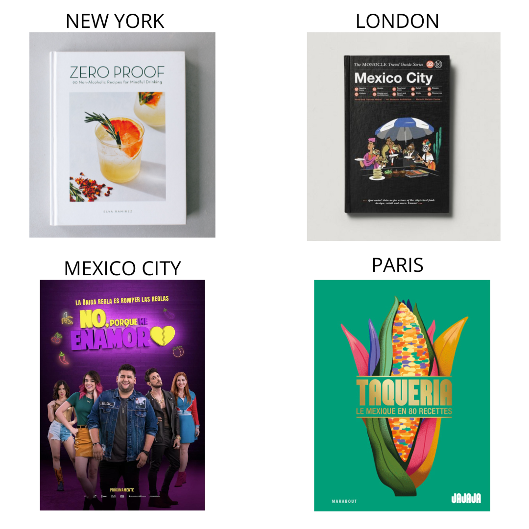 Collage of international editorial and media appearances featuring cocktail and gastronomy publications in New York, London, Mexico City, and Paris, including books, magazines, and film projects.