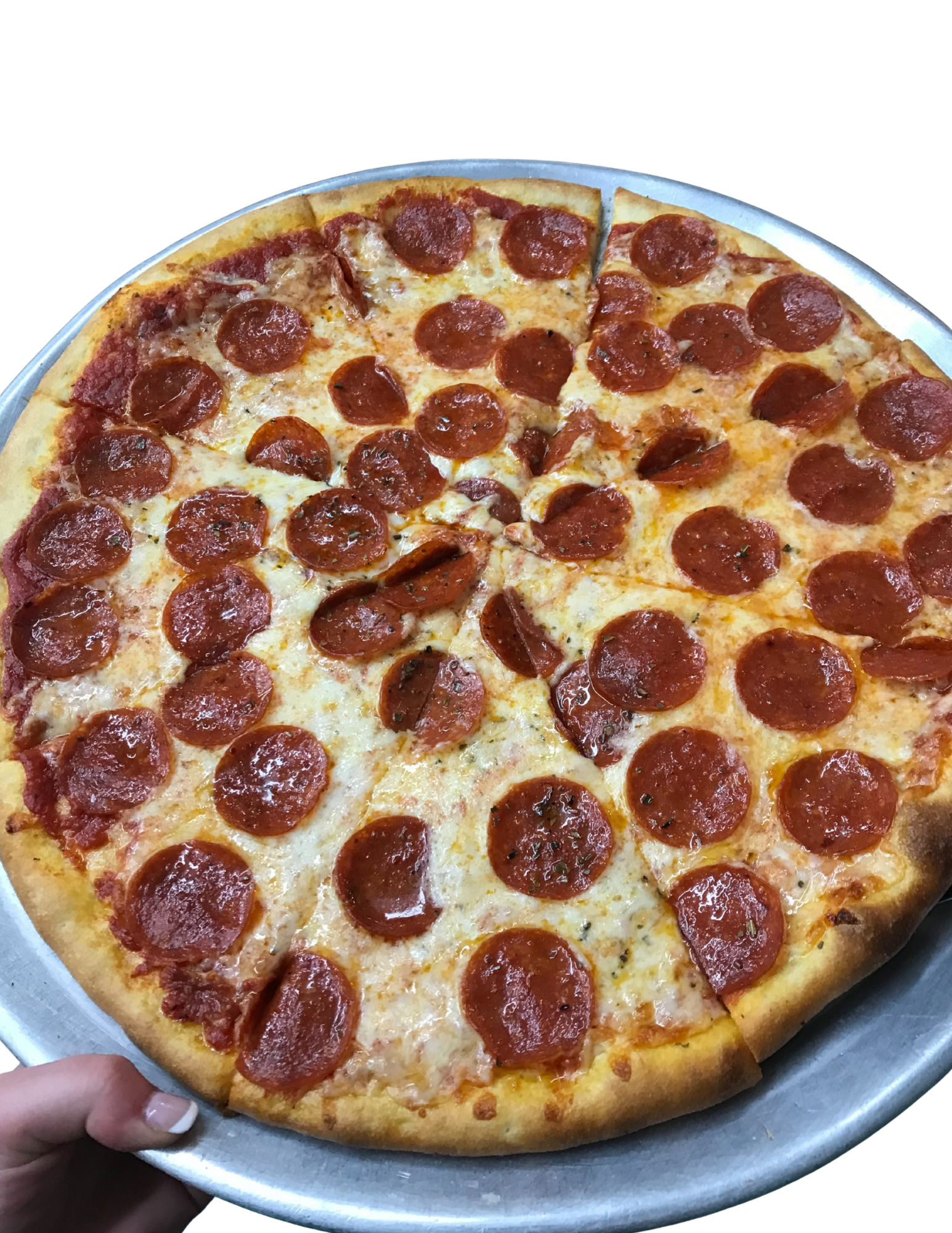 Pepperoni pizza on a metal tray, with a hand holding the tray.