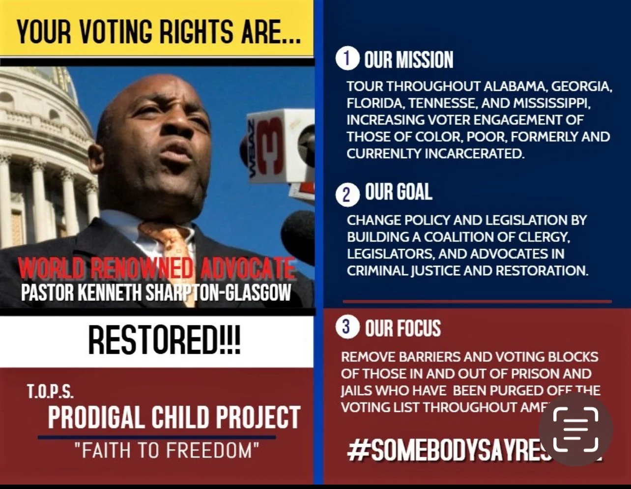 A man, identified as Pastor Kenneth Sharpton-Glasgow, speaking during a press conference, with a Capitol building in the background. The image includes text emphasizing voting rights, with sections outlining the mission, goal, and focus of the organization, the Prodigal Child Project, and a hashtag #SomebodySayYes.