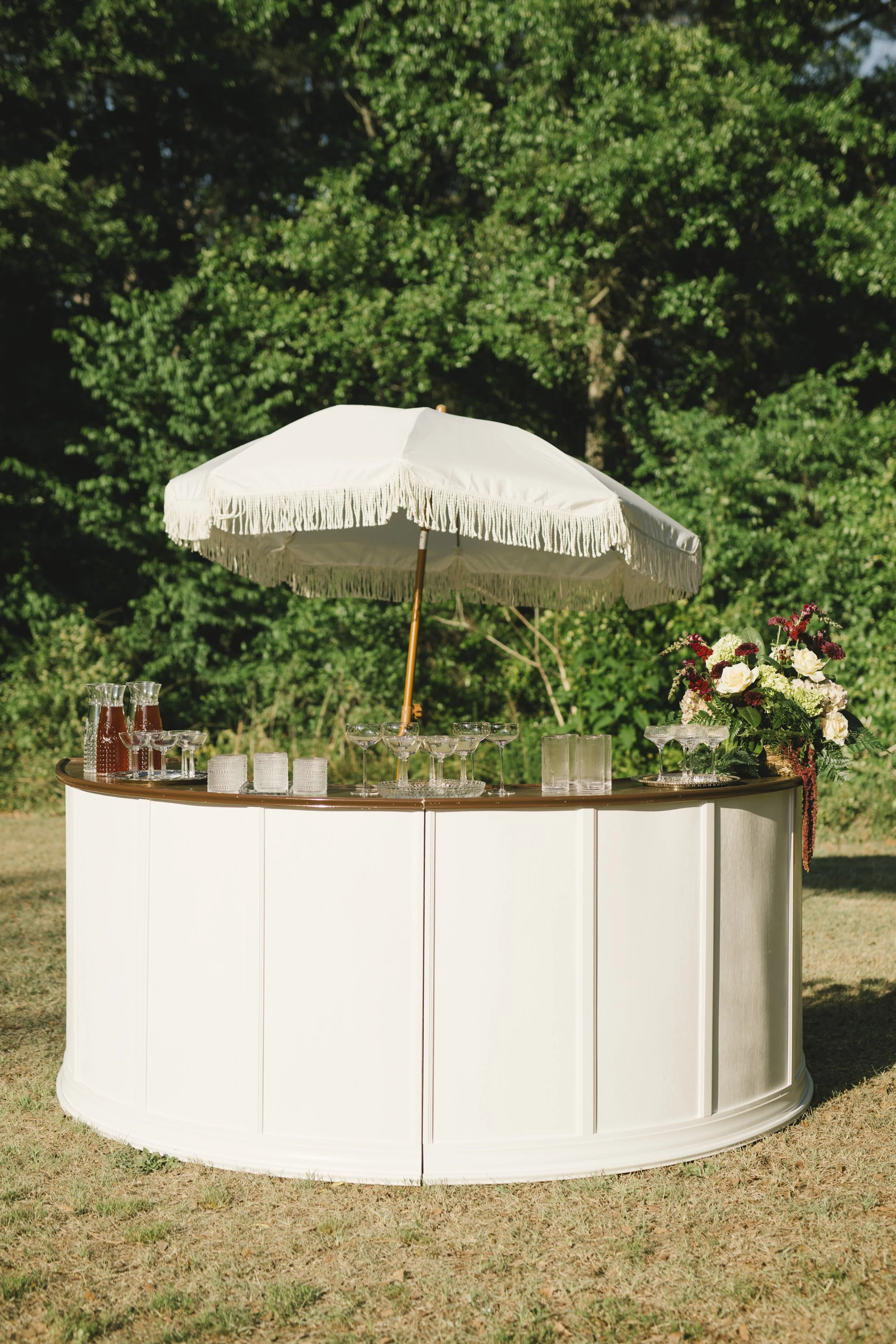 Half-circle mobile bar setup for South Carolina wedding reception, Social Hour, Charleston, SC bartending services
