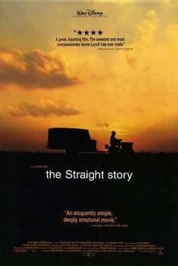 A poster for the animated film 'The Straight Story' with a sunset background, displaying a silhouette of a house and trees.