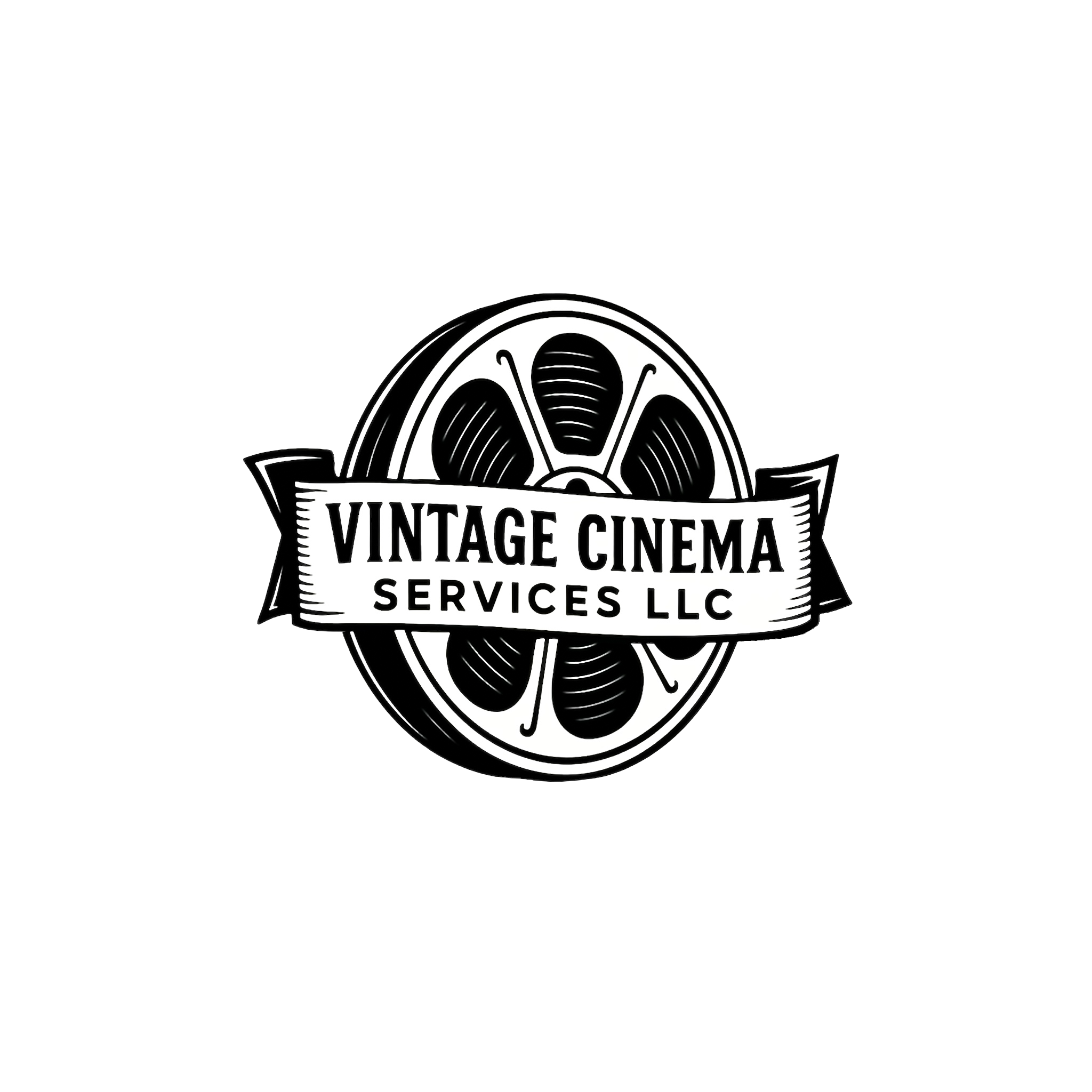 Black and white logo for Vintage Cinema Services LLC featuring a film reel with a banner across it displaying the company's name.