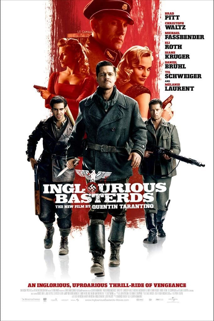 Movie poster for 'Inglourious Basterds' featuring five characters in period military uniforms, with a larger portrait of a man in a Nazi officer's uniform in the background. The poster has a red background with white and black text.