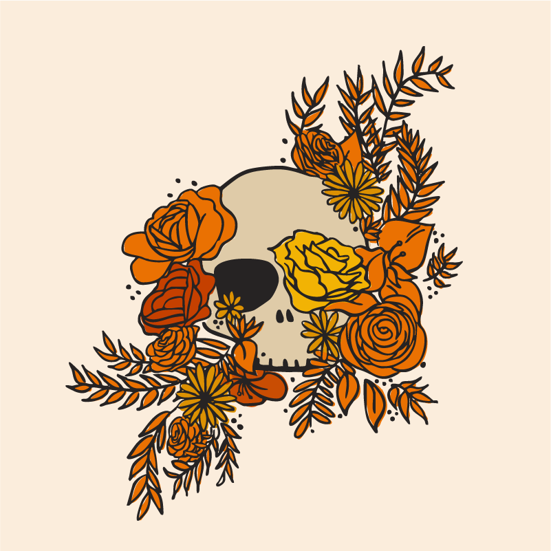 An illustration of a skull and flowers and foliage growing out of it.