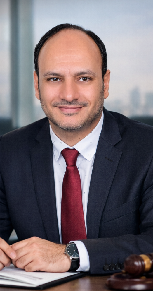 Professional man in suit and red tie sitting at a desk with legal gavel, smiling.