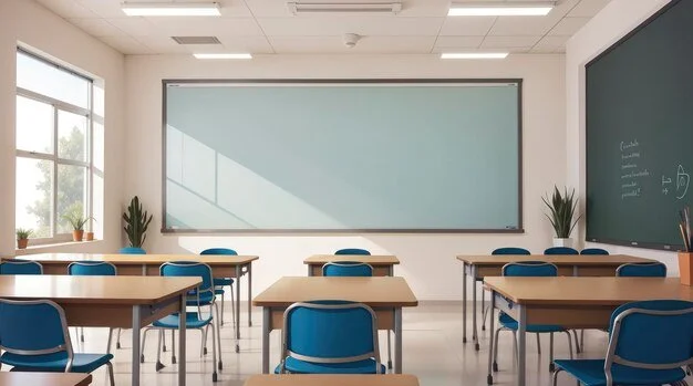 Empty classroom with desks, chairs, a large chalkboard, and windows
