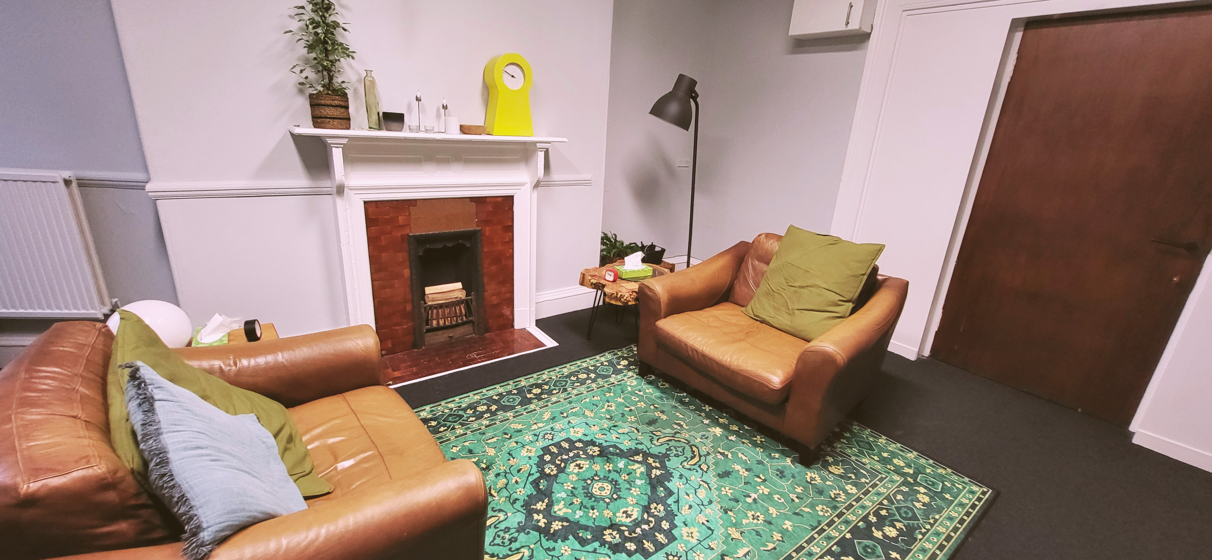 Living room with two brown leather sofas, a green patterned rug, a fireplace with a white mantel, a green cushion on one sofa, a black floor lamp, a small side table with tissues and other items, and a closed wooden door.