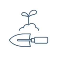 Outline of a small plant with leaves, a garden trowel, and a patch of soil.