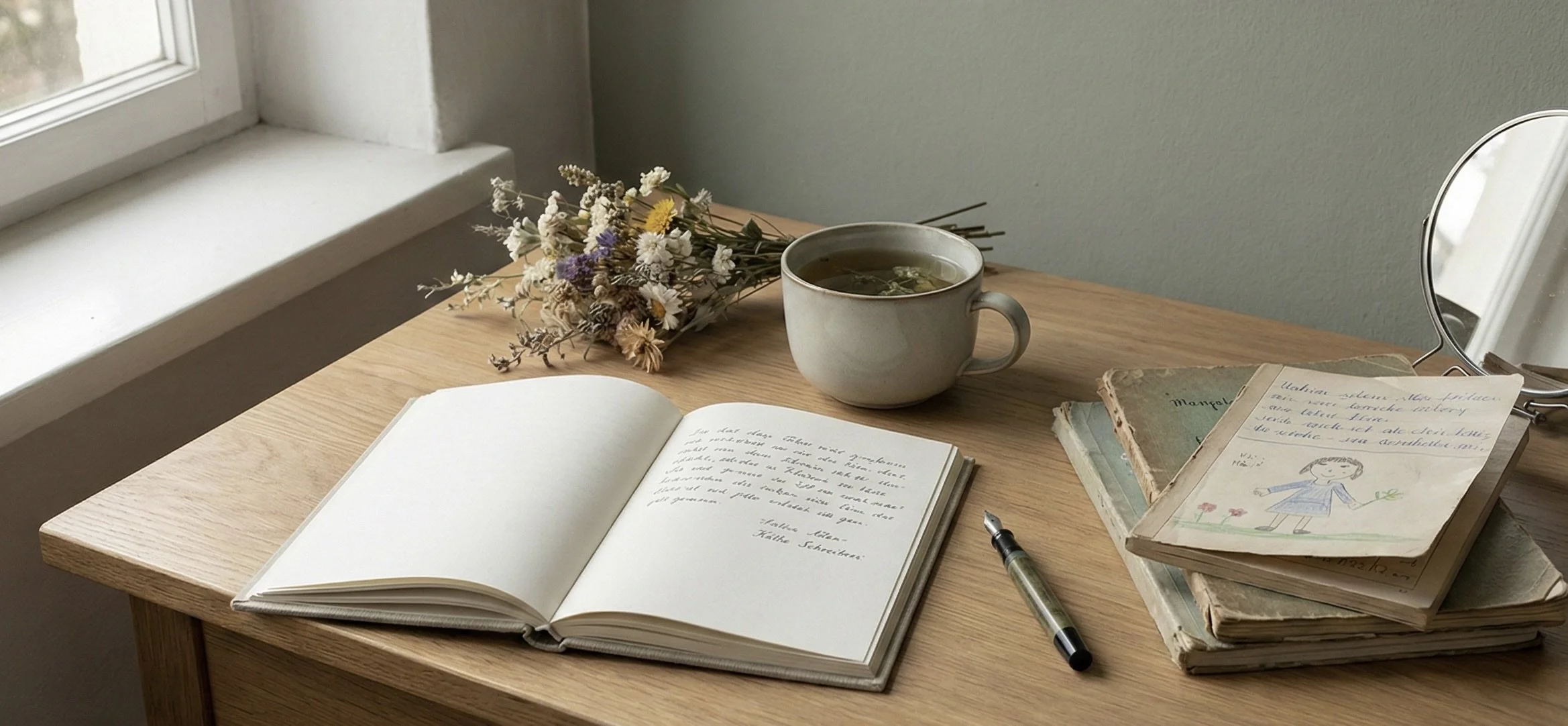 Das Bild zeigt ein offenes Notizbuch auf einem Holztisch mit Füller. Daneben liegt ein offenes Notizbuch mit einem Bild, das von einem Kind gezeichnet wurde.