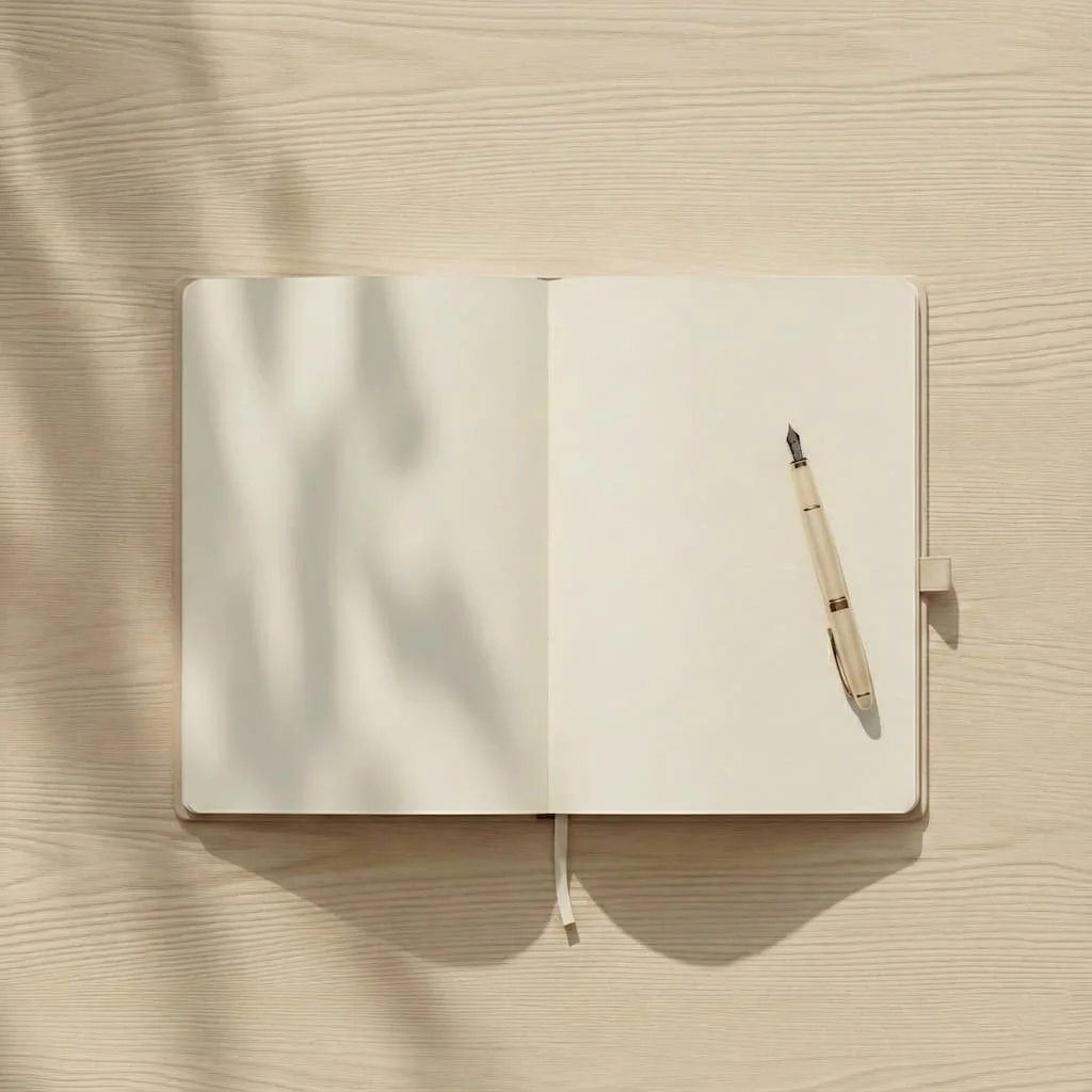 Auf dem Bild ist ein leeres Notizbuch abgebildet, auf dem ein Füller liegt. Die leeren Seiten symbolisieren den Raum, den du durch dein eigenes Schreiben füllst und dadurch Klarheit, Achtsamkeit und innere Orientierung findest.