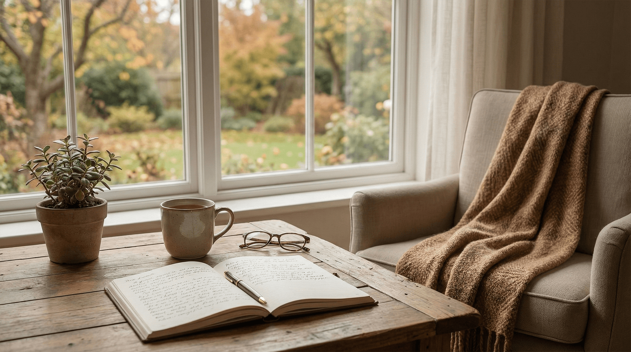 DAs Bild zeigt einen Naturholztisch, auf dem ein offenes Notizbuch mit Füller liegt. Eine Tasse Tee und eine Brille liegen auf dem Tisch. Der Blick geht durch große Fenster in einen herbstlichen Garten.