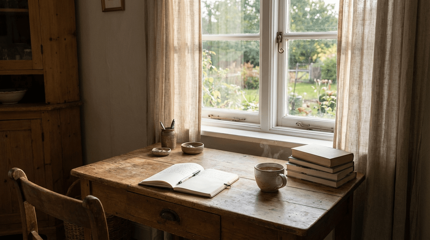 Ein rustikaler Holzschreibtisch an einem hellen Fenster mit Blick in den Garten. Auf dem Tisch liegen ein aufgeschlagenes Notizbuch, ein Stift, Bücher und eine dampfende Tasse Tee – ein vorbereiteter Denkraum für ein Schreibretreat zuhause.