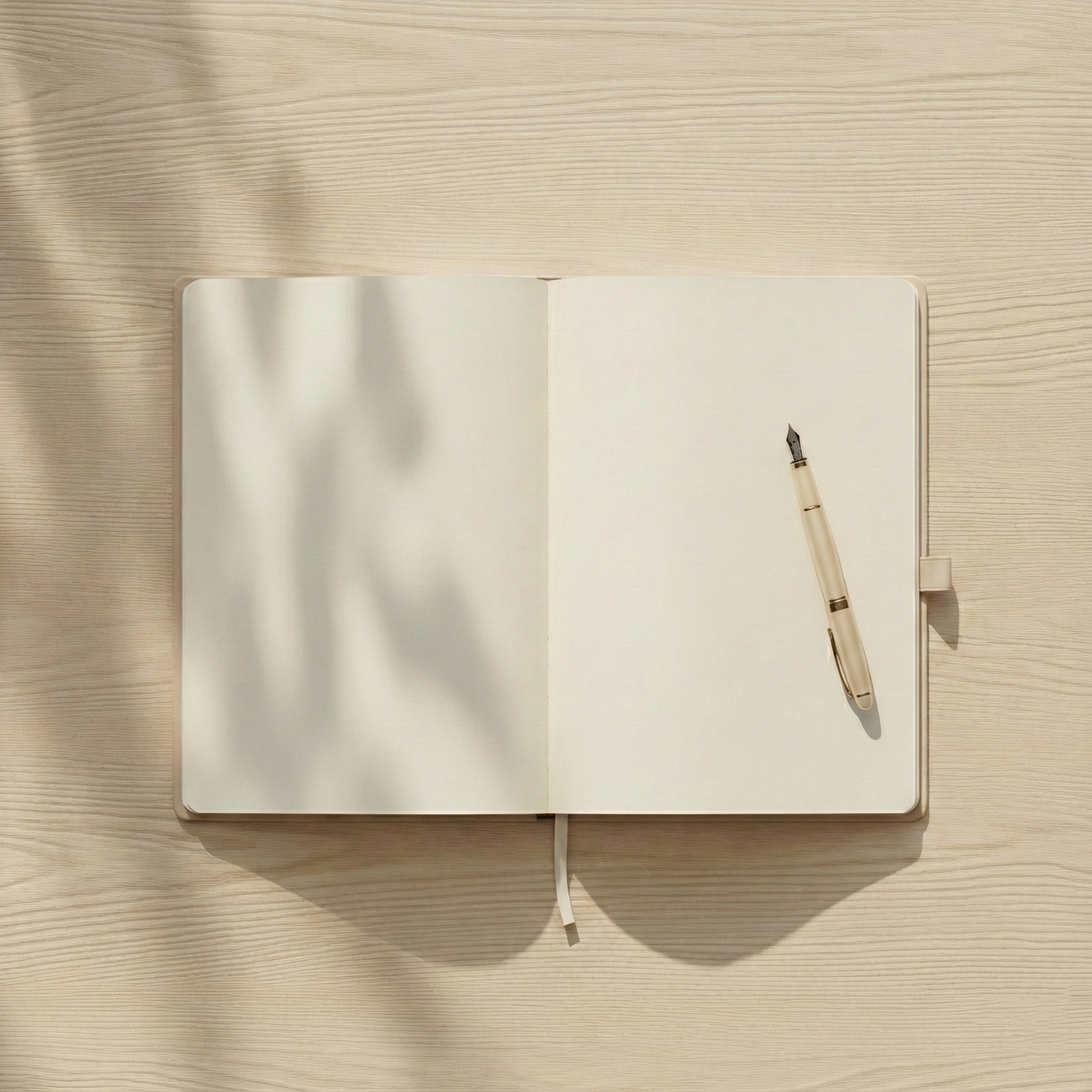 Auf dem Bild ist ein leeres Notizbuch abgebildet, auf dem ein Füller liegt. Die leeren Seiten symbolisieren den Raum, den du durch dein eigenes Schreiben füllst und dadurch Klarheit, Achtsamkeit und innere Orientierung findest.