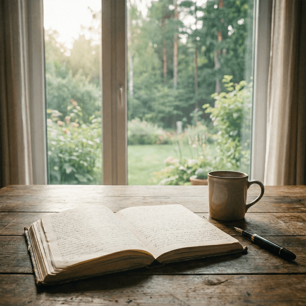 Ein offenes Notizbuch liegt auf einem Naturholztisch. Ein Füller liegt daneben, der Blick geht in die Natur. Ideal für die Reflexion durch Schreiben in den Wechseljahren.