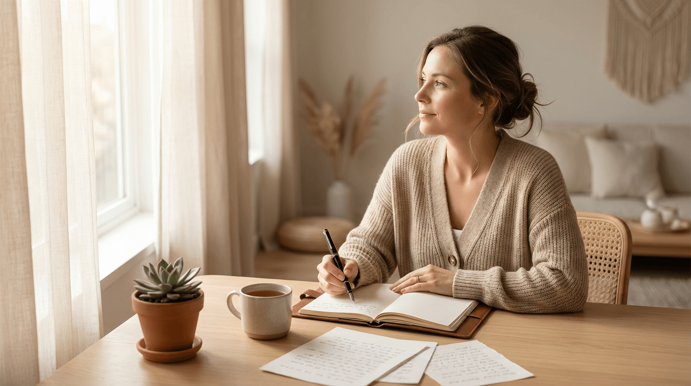 Frau sitzt am Schreibtisch und schreibt achtsam in ein Notizbuch – Schreiben als Weg, eine Grübelschleife zu durchbrechen.