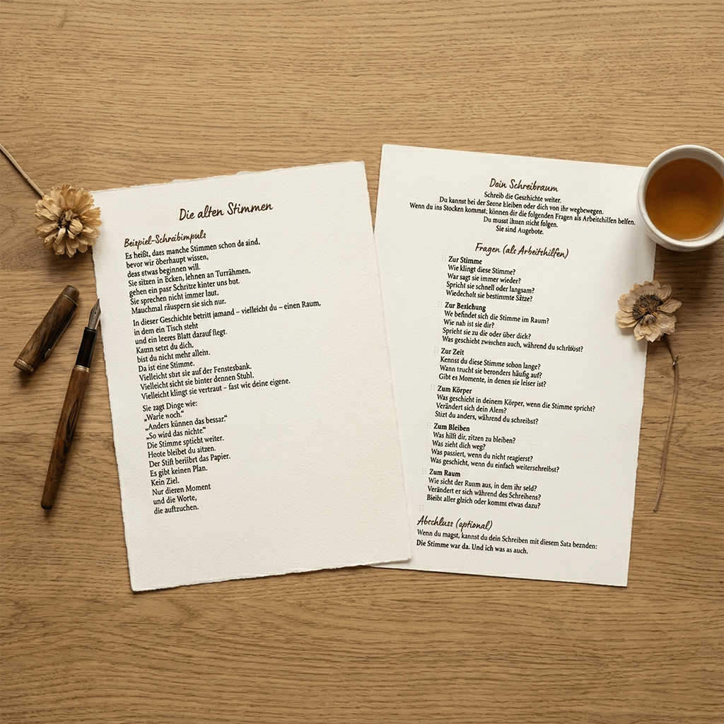 Das Bild zeigt 2 Seiten mit einem Schreibimpuls für Tag 2 als kostenloser Schnupperkurs.