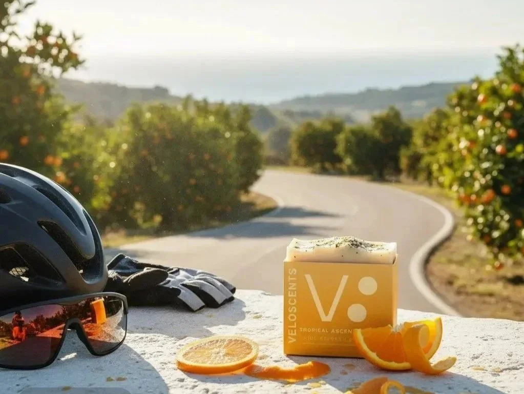 Cycling gear including a helmet and sunglasses, a soap bar with the label 'V: VELLOSENTS TROPICAL ASCENT', and slices of oranges on a stone surface, with an orange grove and a winding road in the background.